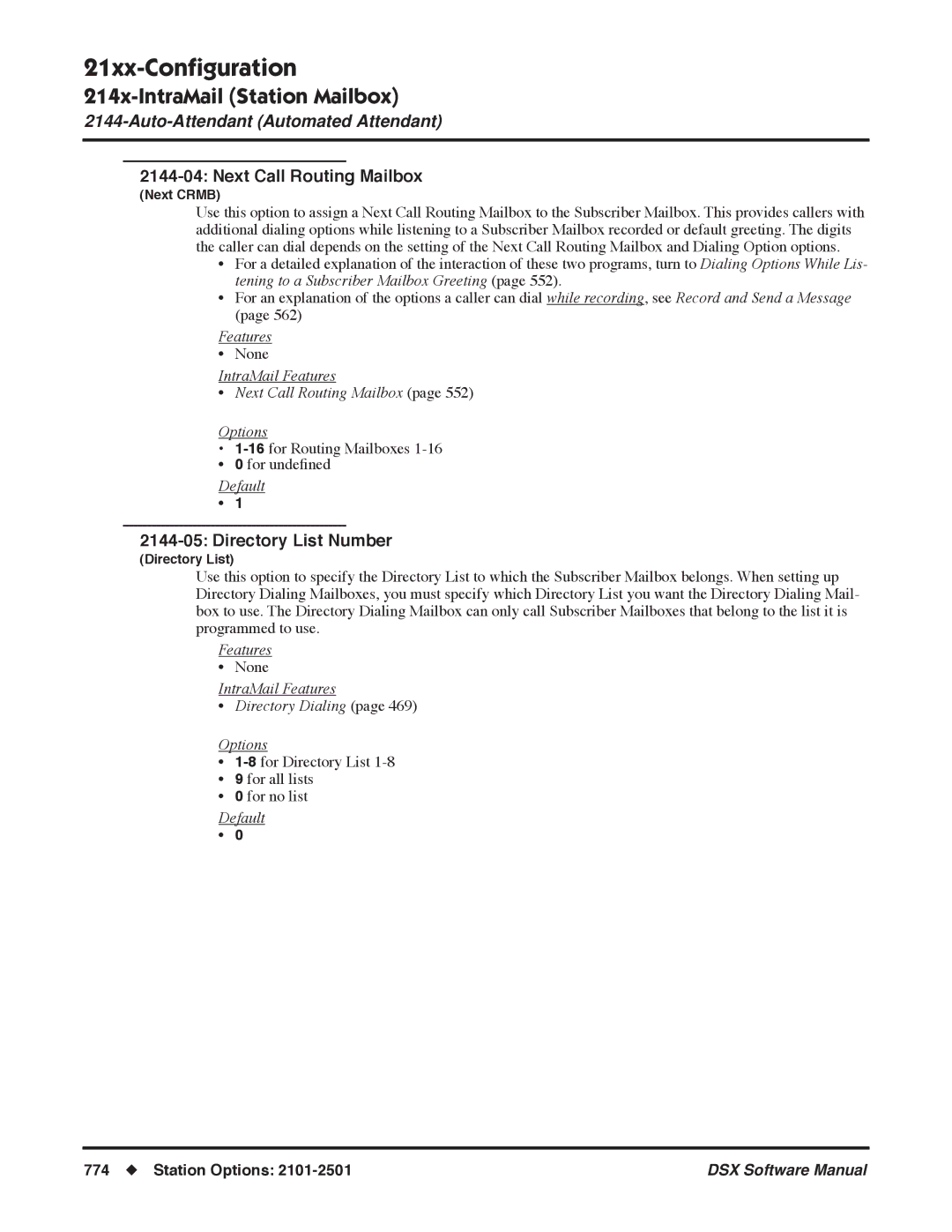 NEC N 1093100, P Next Call Routing Mailbox, Directory List Number, IntraMail Features Directory Dialing Options 