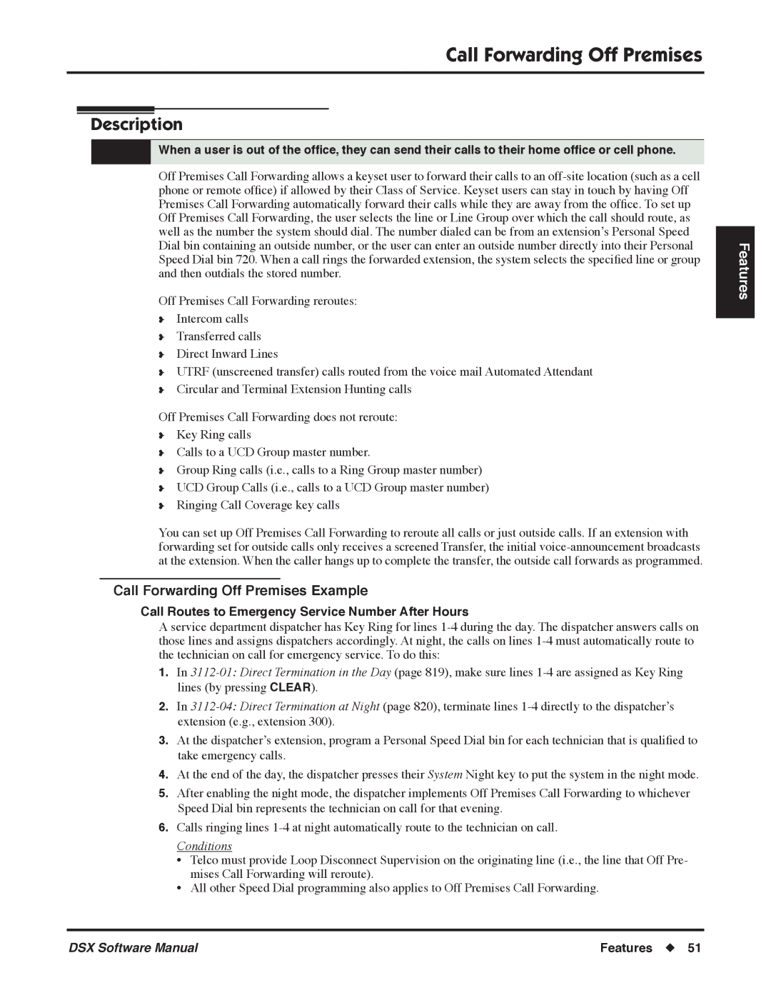 NEC N 1093100 Call Forwarding Off Premises Example, Call Routes to Emergency Service Number After Hours 