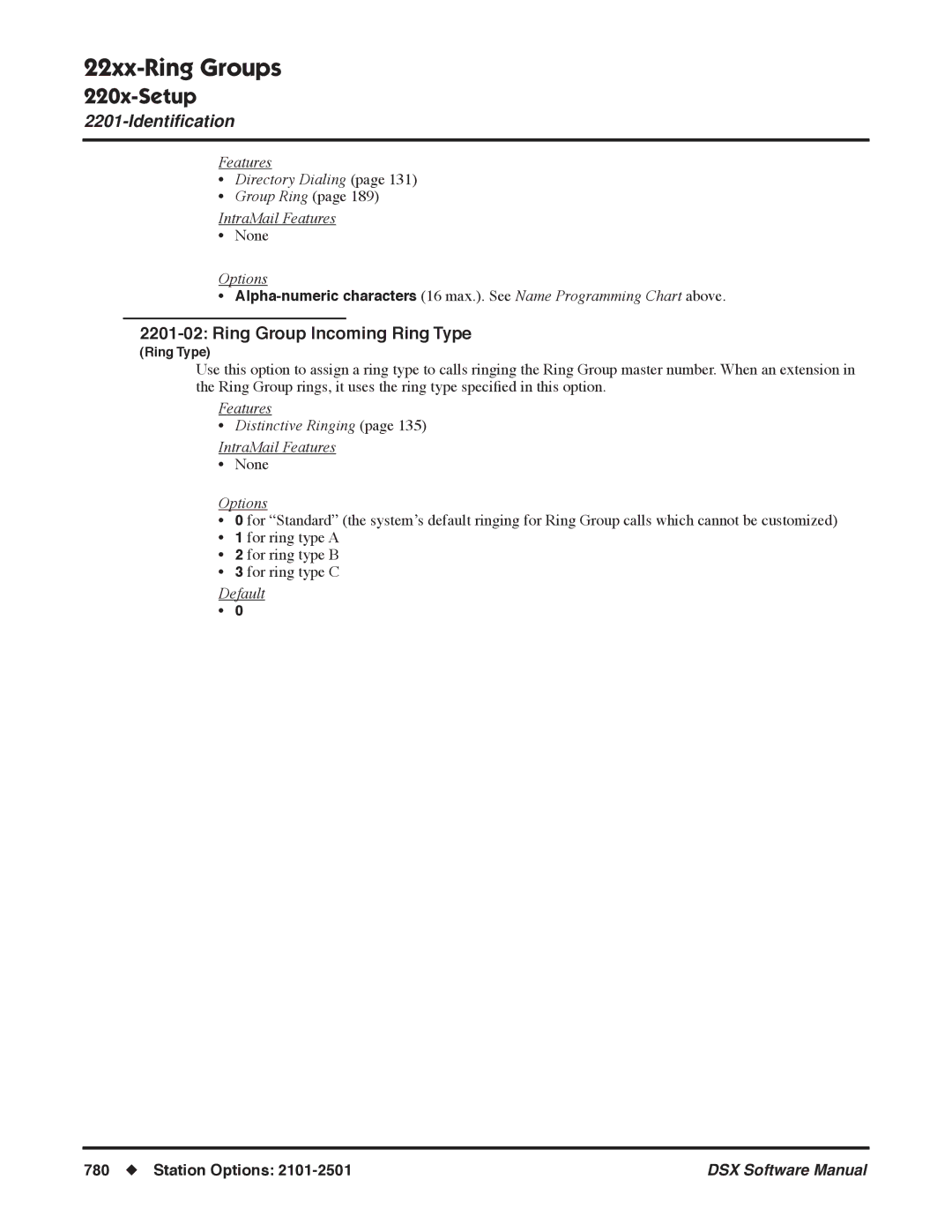 NEC N 1093100, P software manual Ring Group Incoming Ring Type, Features Directory Dialing Group Ring IntraMail Features 