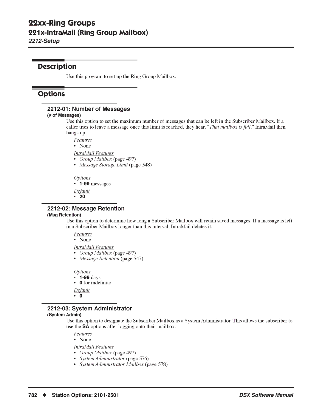 NEC N 1093100, P software manual Number of Messages, IntraMail Features Group Mailbox Message Retention Options 