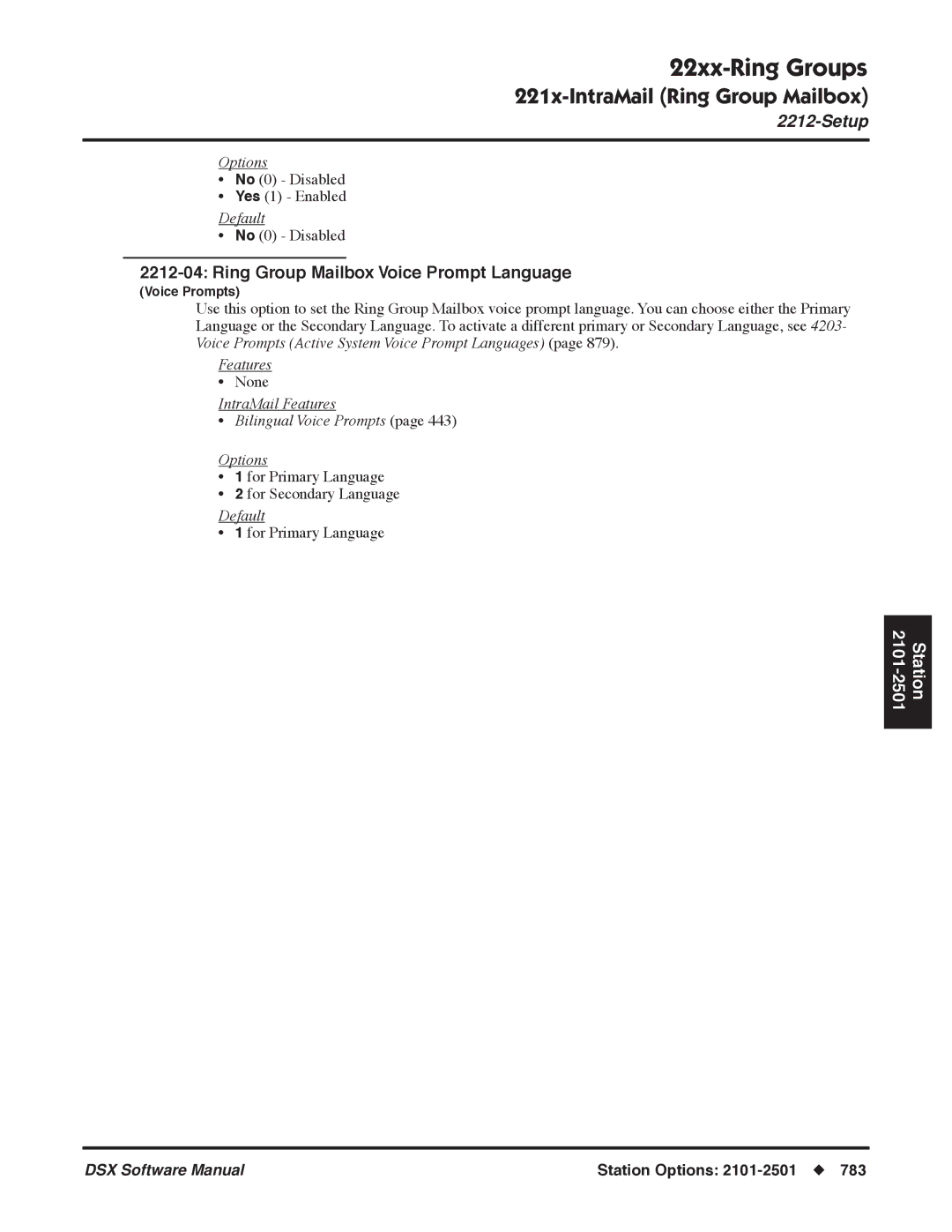 NEC N 1093100 Ring Group Mailbox Voice Prompt Language, IntraMail Features Bilingual Voice Prompts Options 