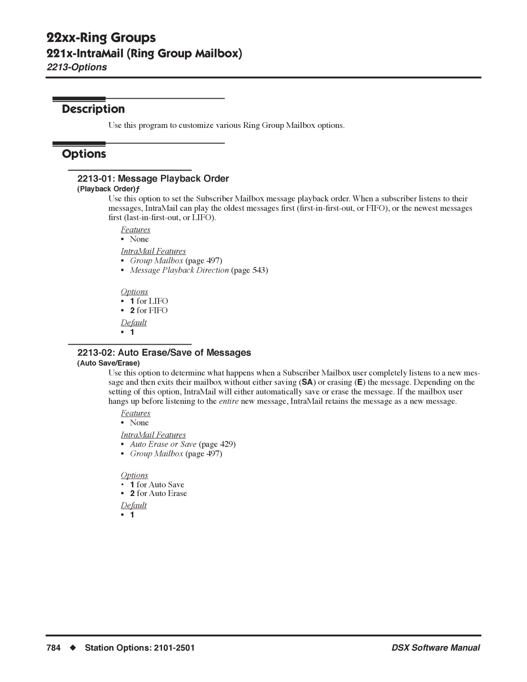 NEC N 1093100 software manual Message Playback Order, IntraMail Features Auto Erase or Save Group Mailbox Options 