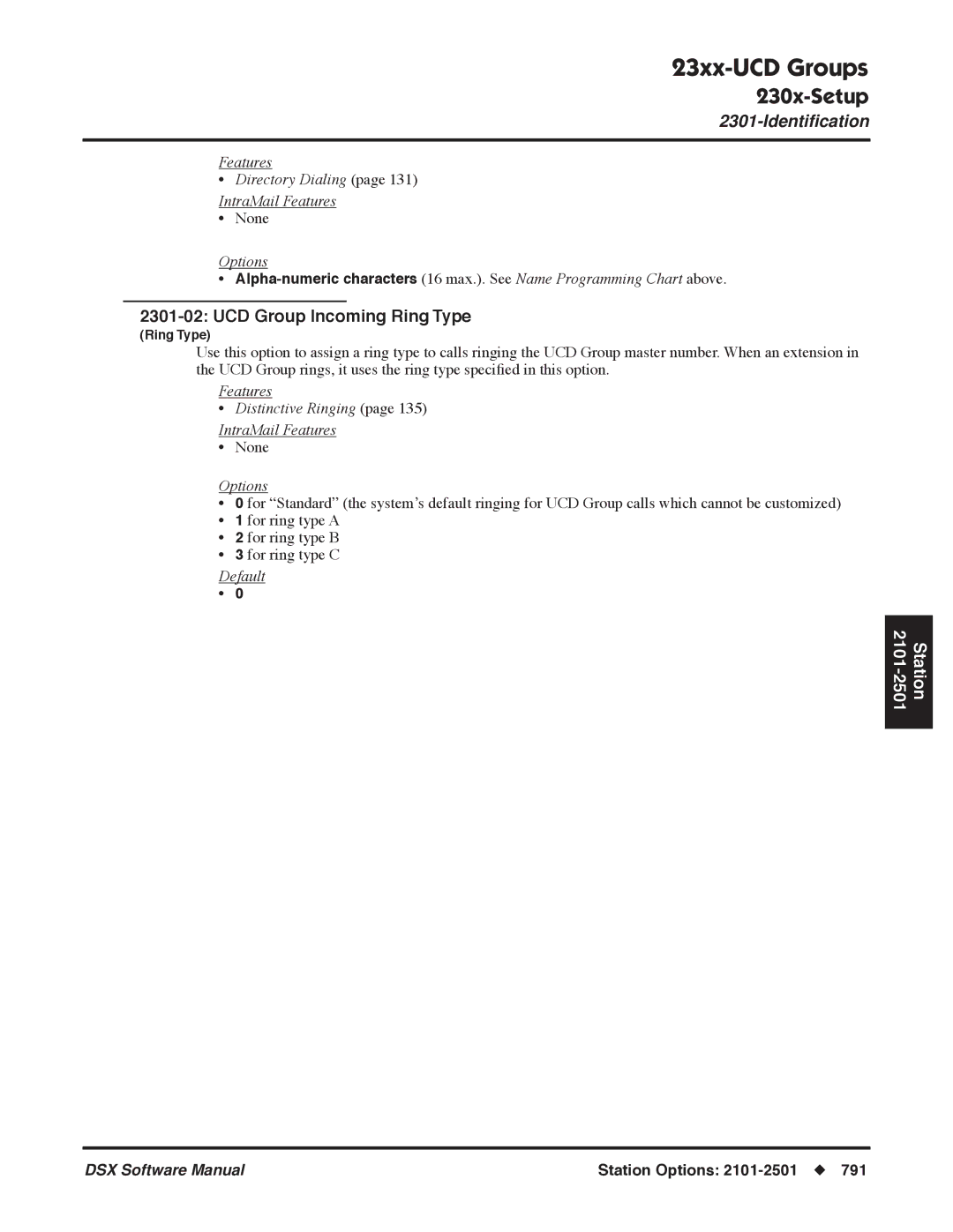 NEC P, N 1093100 software manual UCD Group Incoming Ring Type, Features Directory Dialing IntraMail Features 