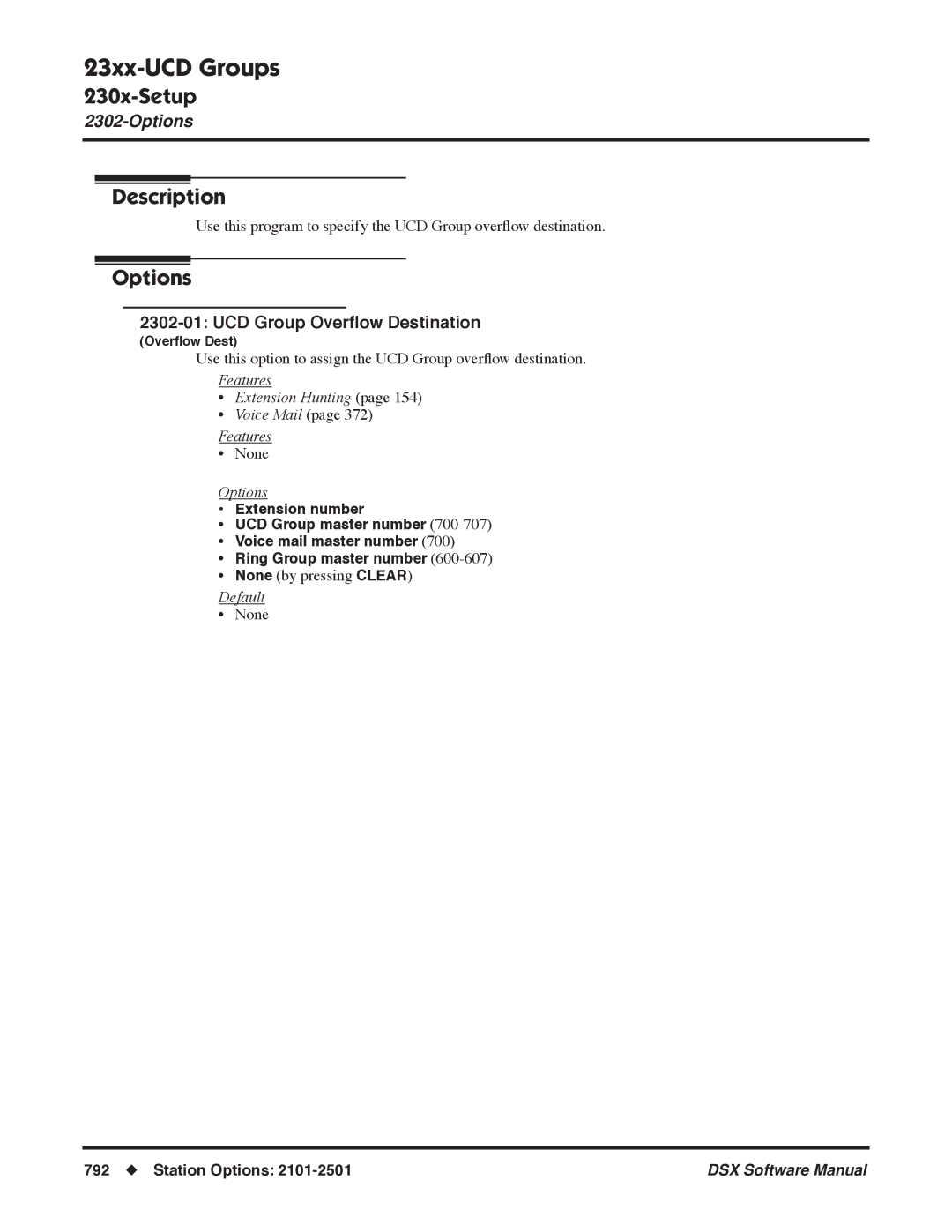 NEC N 1093100, P software manual UCD Group Overﬂow Destination, Features Extension Hunting Voice Mail 