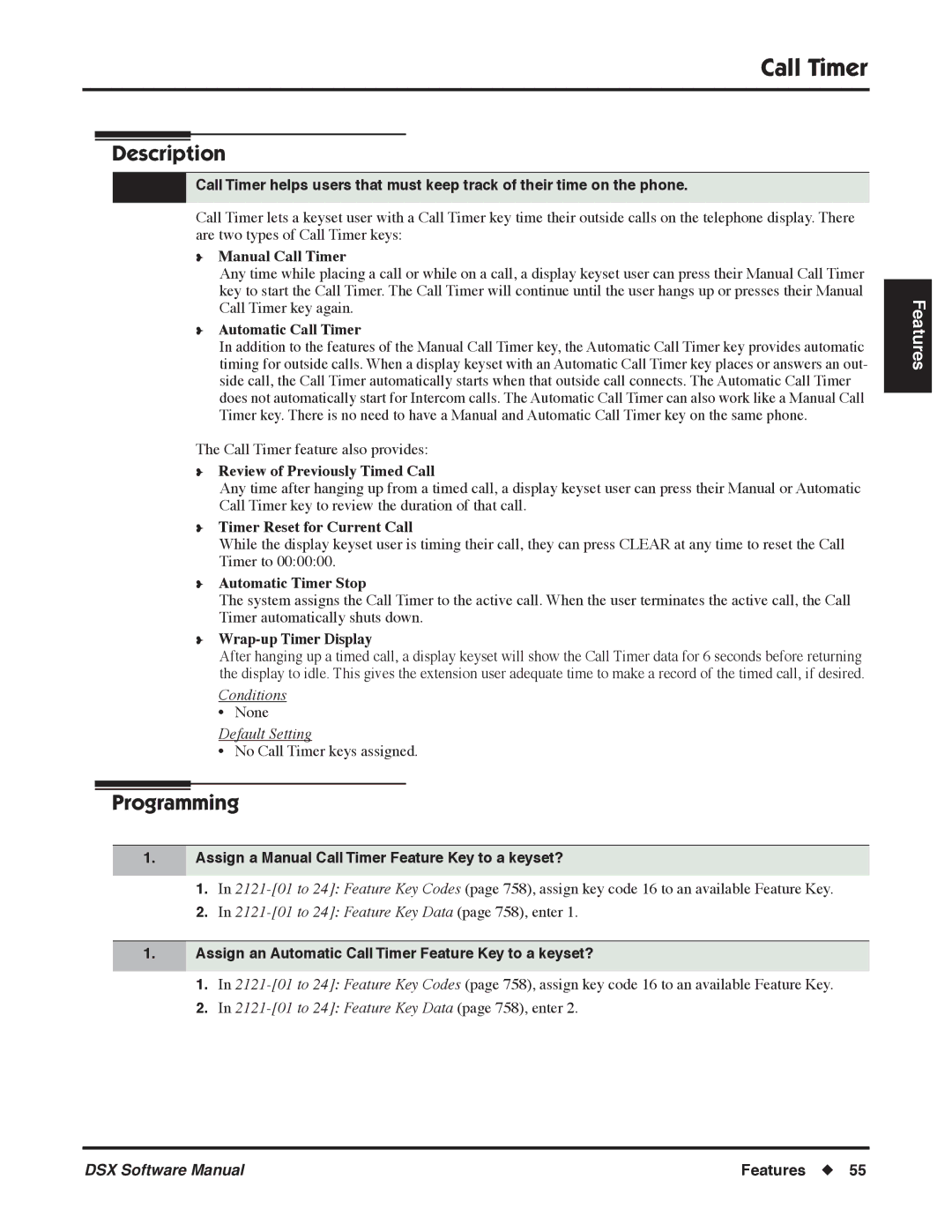 NEC P Assign a Manual Call Timer Feature Key to a keyset?, Assign an Automatic Call Timer Feature Key to a keyset? 