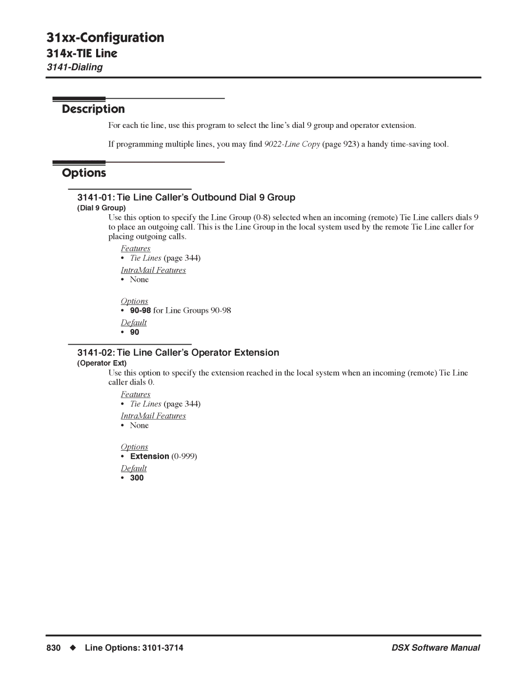 NEC N 1093100, P software manual Tie Line Caller’s Outbound Dial 9 Group, Tie Line Caller’s Operator Extension, Line Options 