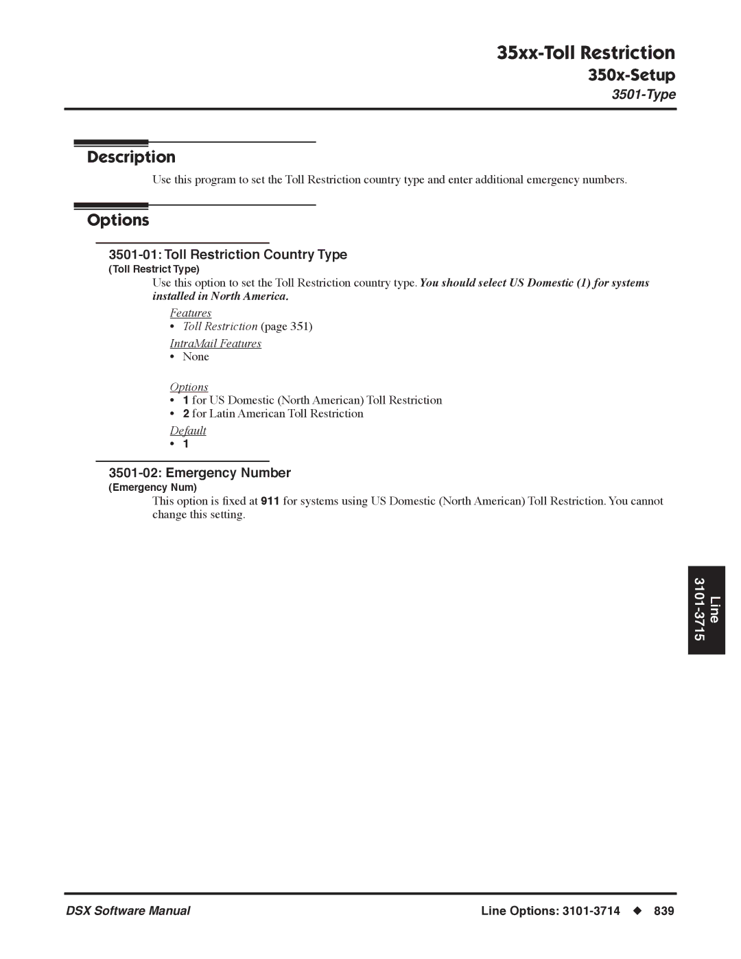 NEC P, N 1093100 software manual 35xx-Toll Restriction, Toll Restriction Country Type, Emergency Number 