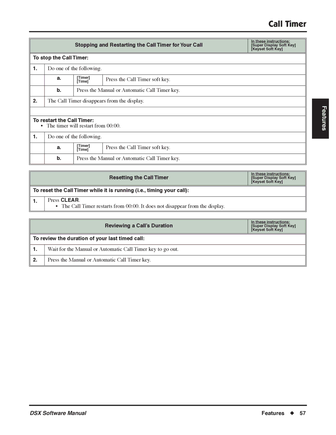 NEC P, N 1093100 To stop the Call Timer, To restart the Call Timer, To review the duration of your last timed call 