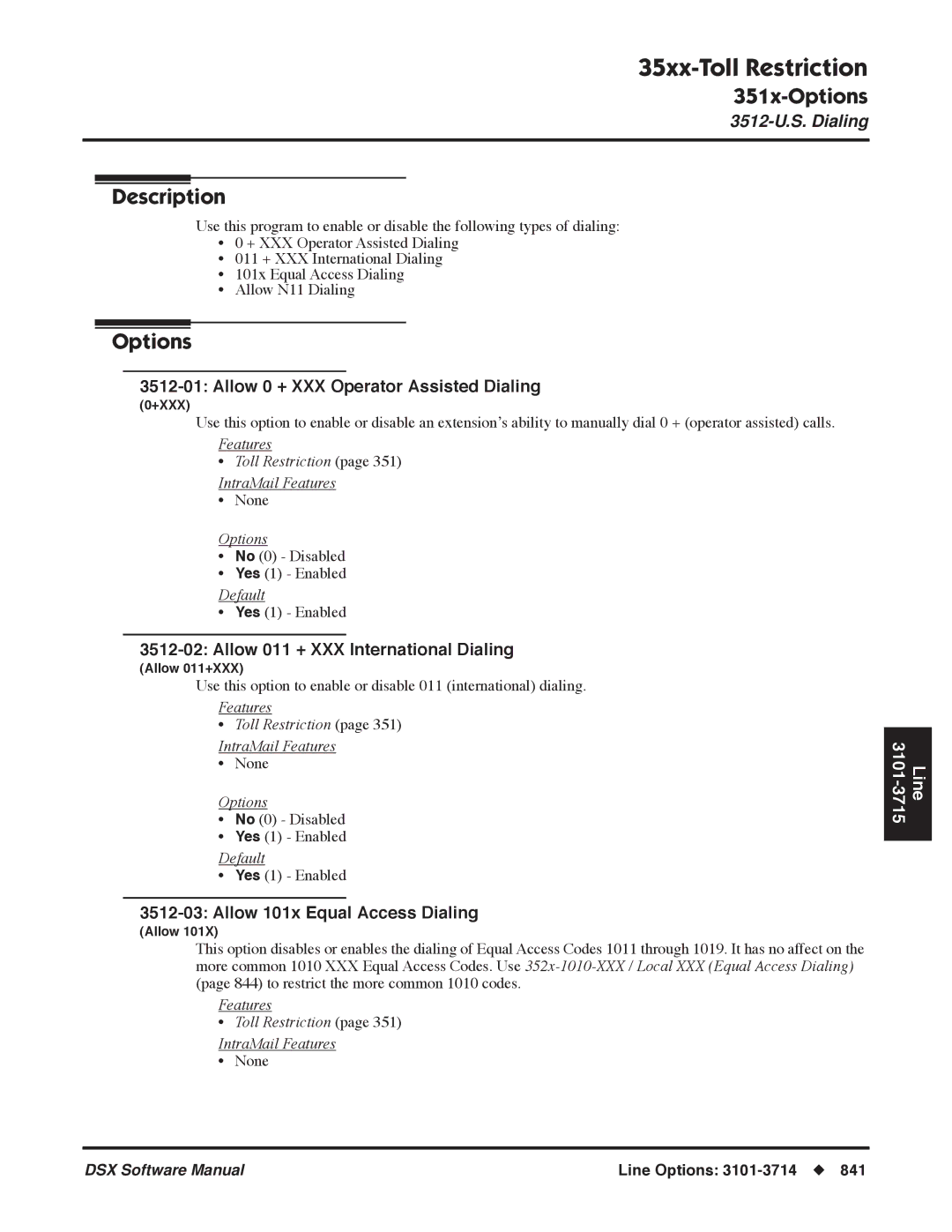 NEC P Allow 0 + XXX Operator Assisted Dialing, Allow 011 + XXX International Dialing, Allow 101x Equal Access Dialing 