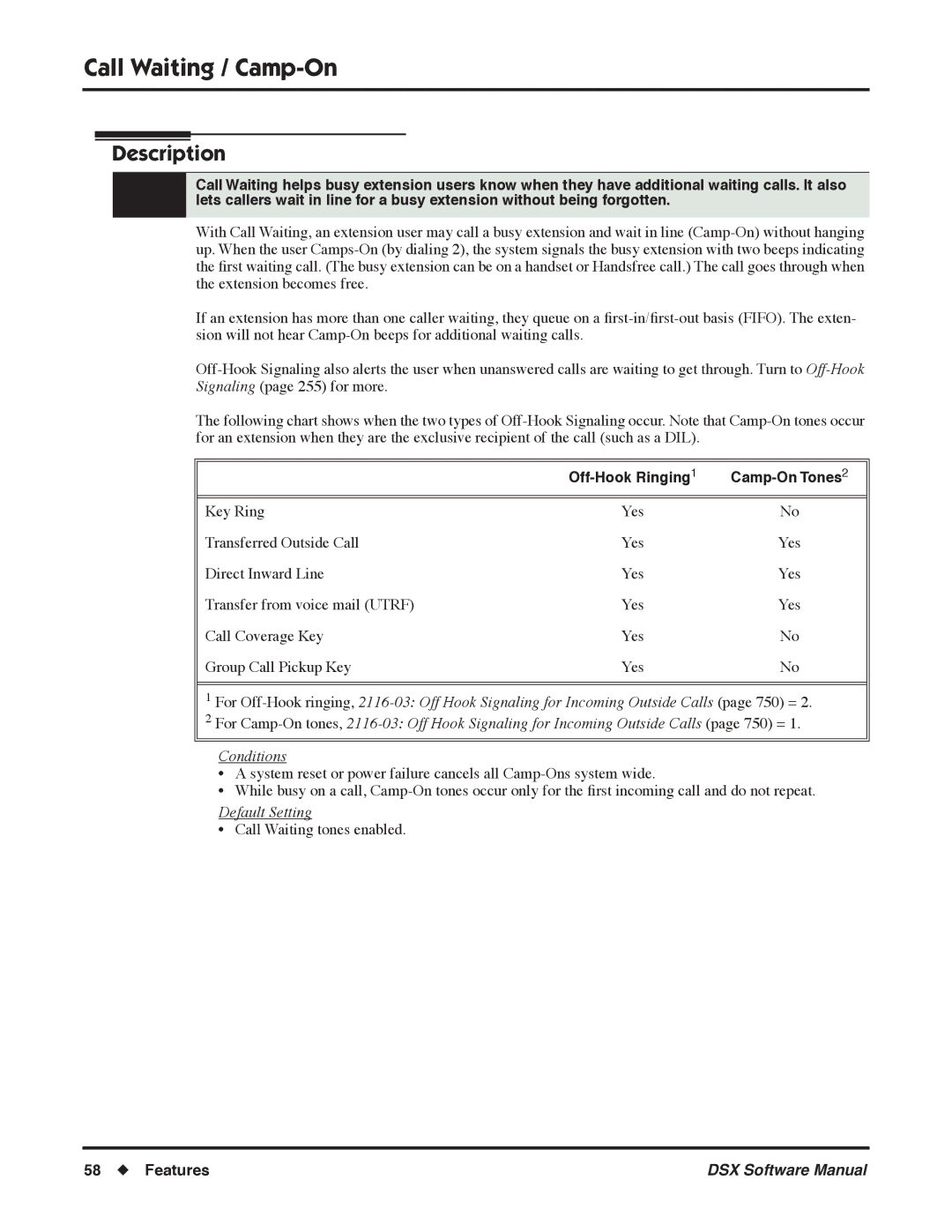 NEC N 1093100, P software manual Call Waiting / Camp-On, Off-Hook Ringing Camp-On Tones 