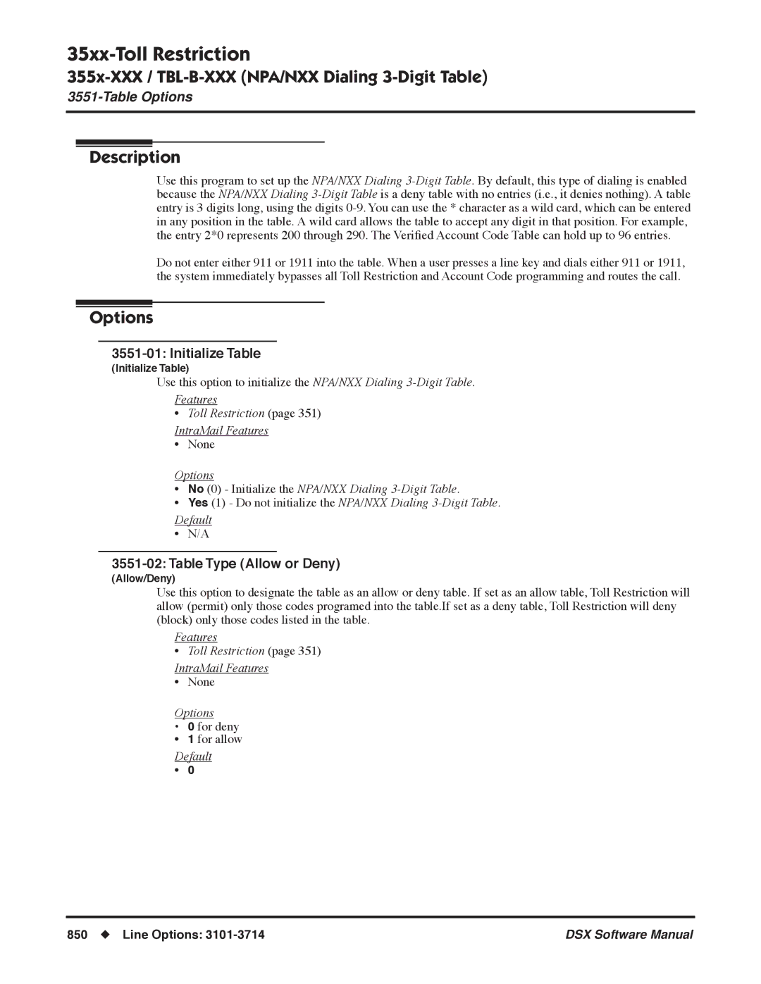 NEC N 1093100 software manual Options No 0 Initialize the NPA/NXX Dialing 3-Digit Table 