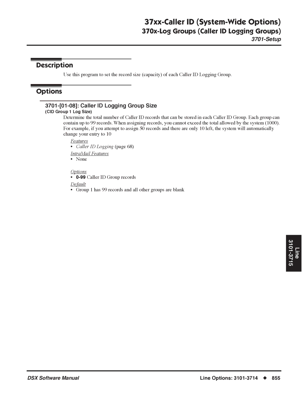 NEC P, N 1093100 software manual 37xx-Caller ID System-Wide Options, Caller ID Logging Group Size 