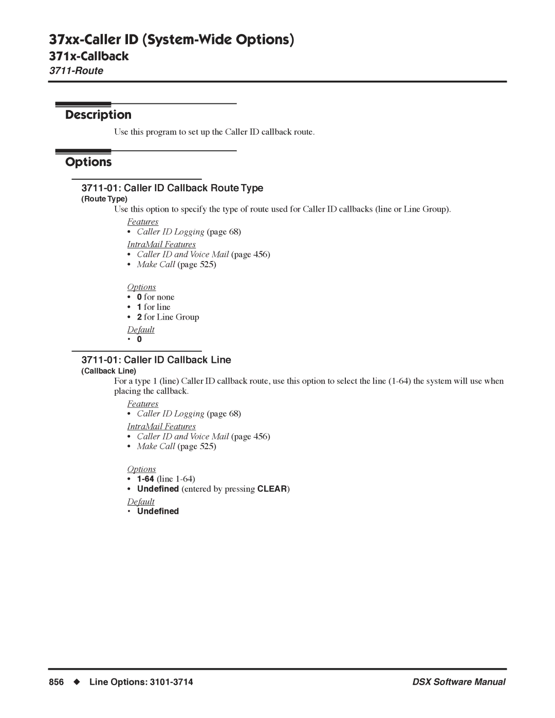 NEC N 1093100, P software manual Caller ID Callback Route Type, Caller ID Callback Line, Undeﬁned Line Options 