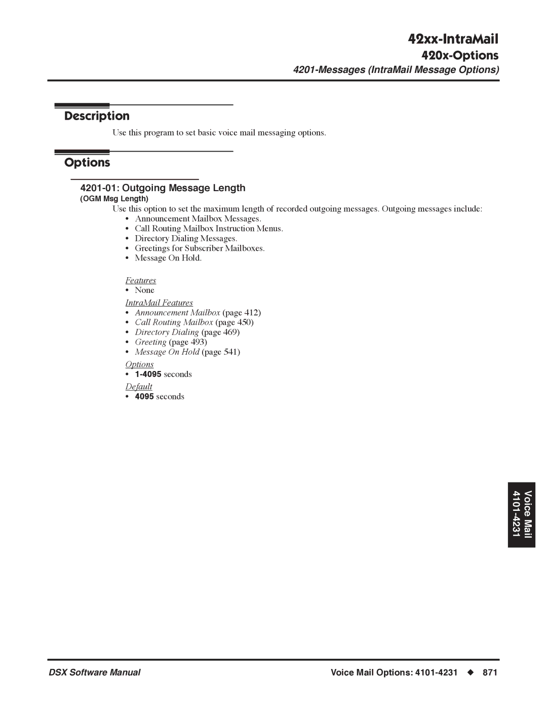 NEC P, N 1093100 software manual 42xx-IntraMail, Outgoing Message Length, Message On Hold Options 