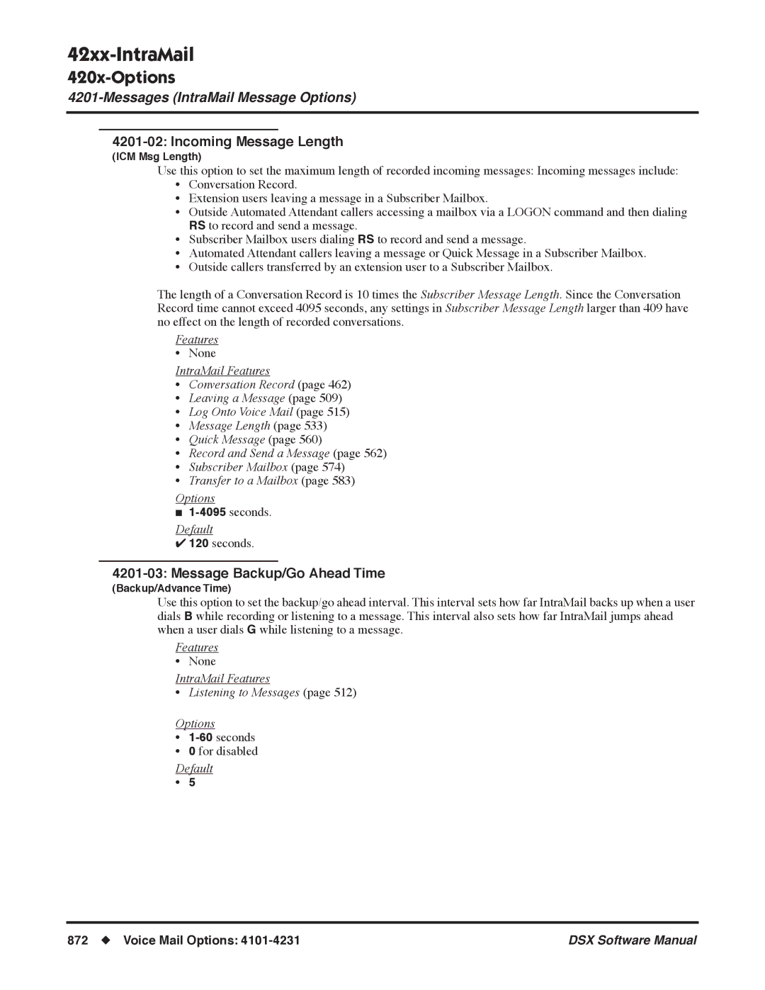 NEC N 1093100, P Incoming Message Length, Message Backup/Go Ahead Time, IntraMail Features Listening to Messages Options 