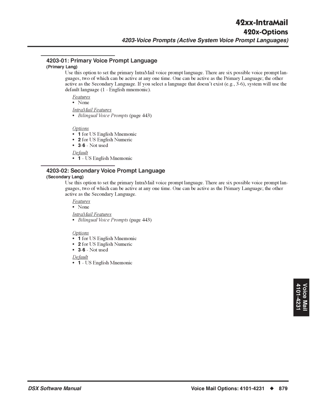 NEC N 1093100 software manual Primary Voice Prompt Language, Secondary Voice Prompt Language 