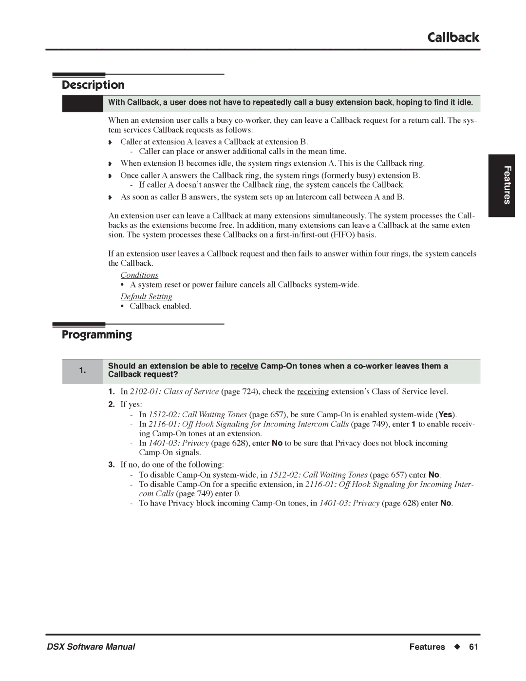 NEC P, N 1093100 software manual Callback, Conditions 