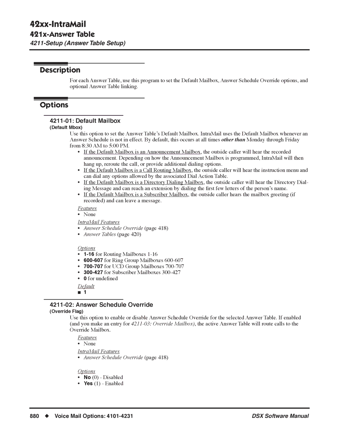 NEC N 1093100, P software manual Default Mailbox, IntraMail Features Answer Schedule Override Options 