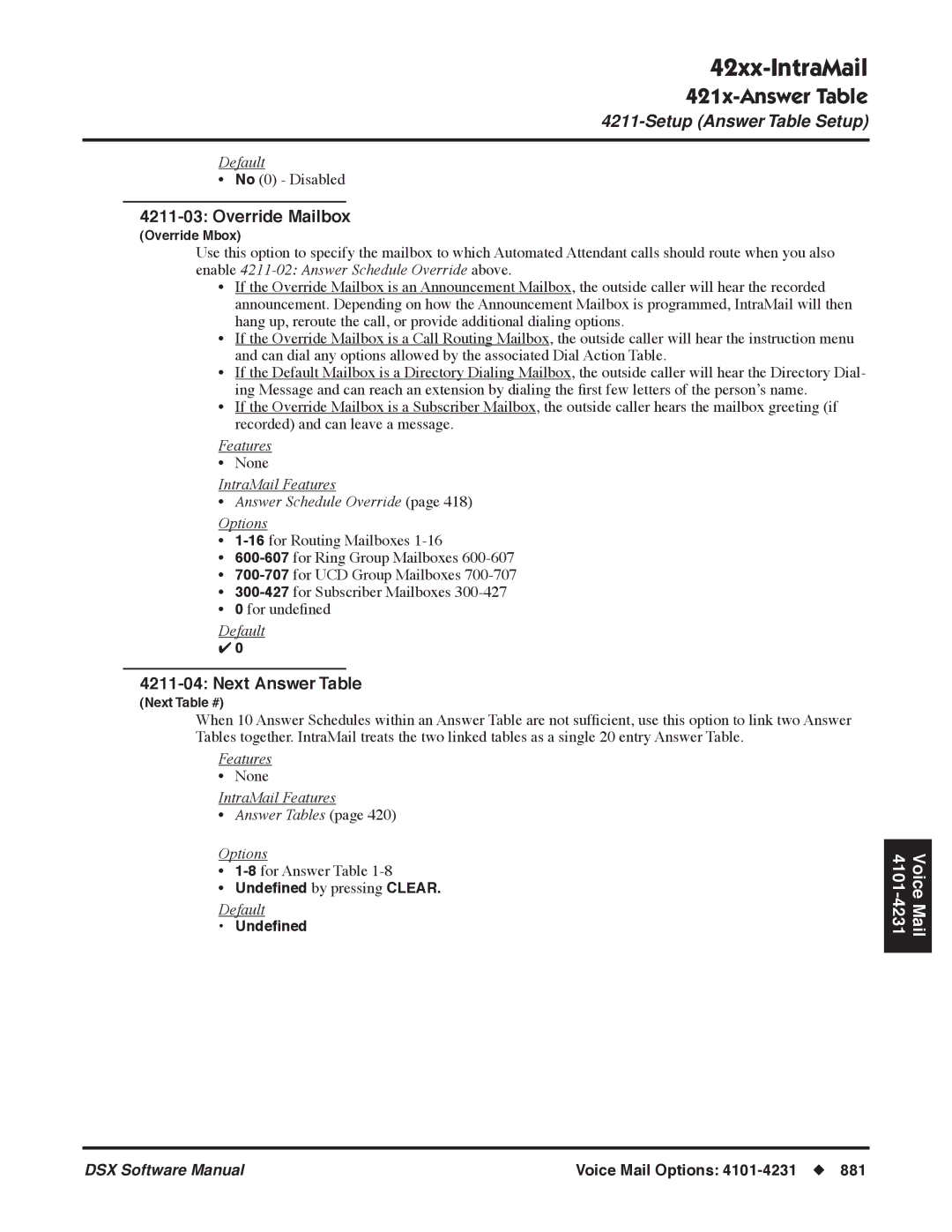 NEC P, N 1093100 Override Mailbox, Next Answer Table, IntraMail Features Answer Tables Options, Undeﬁned by pressing Clear 