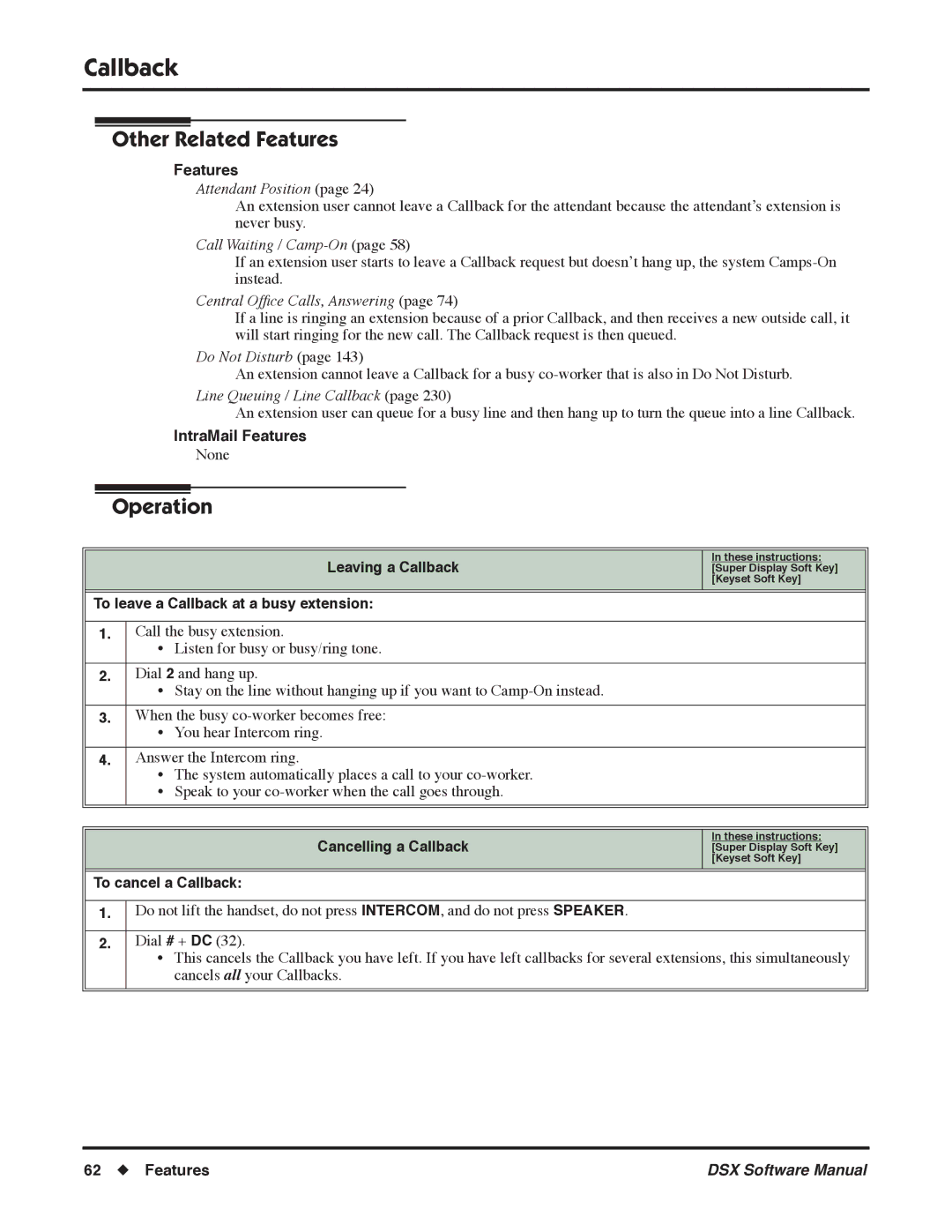 NEC N 1093100, P software manual Central Ofﬁce Calls, Answering, Leaving a Callback, To leave a Callback at a busy extension 