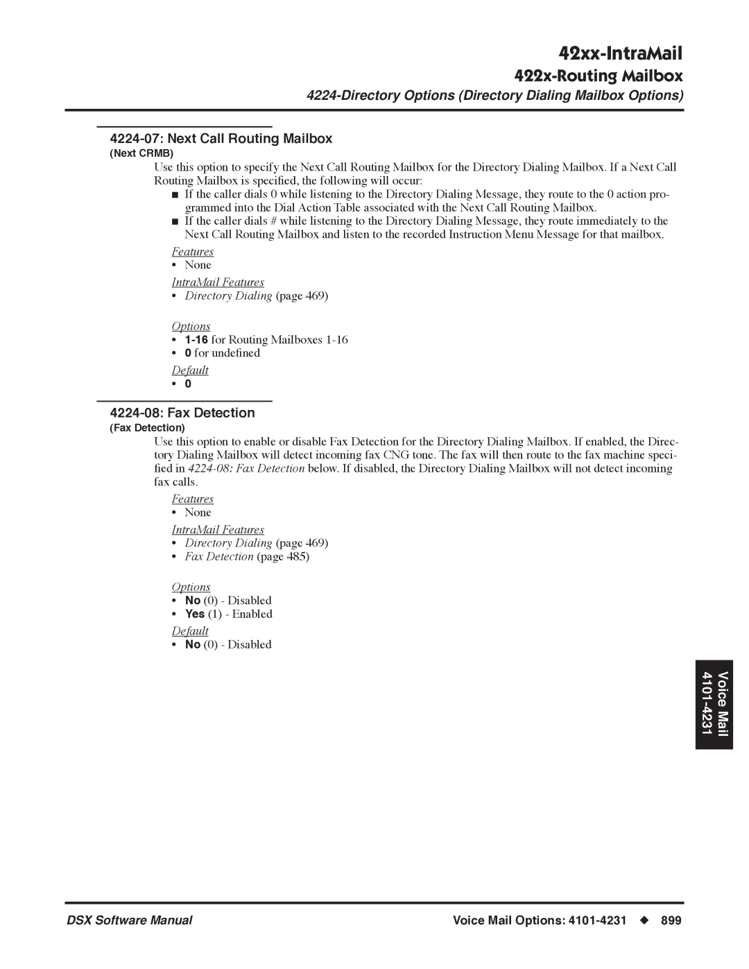 NEC P, N 1093100 software manual Next Call Routing Mailbox, IntraMail Features Directory Dialing Fax Detection Options 