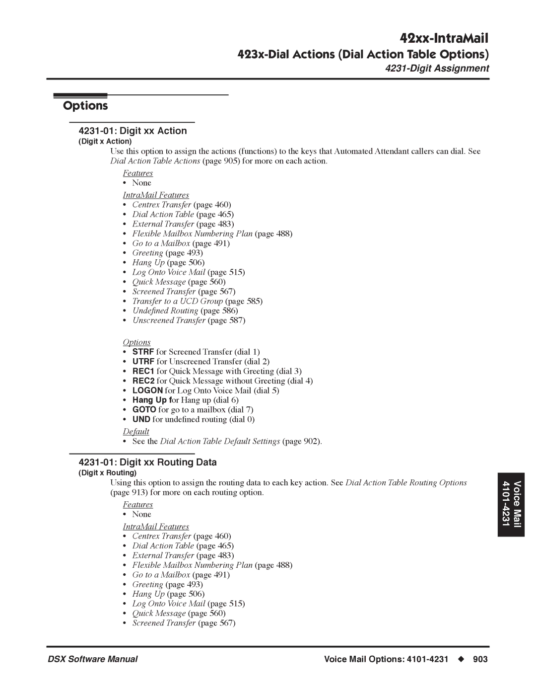 NEC P, N 1093100 software manual Digit xx Action, Digit xx Routing Data, Default See the Dial Action Table Default Settings 