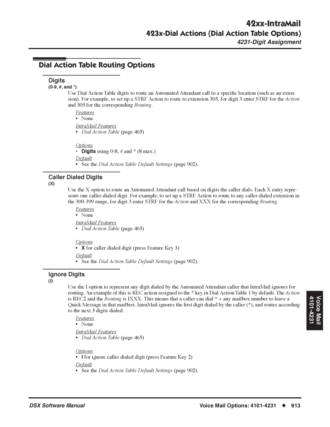 NEC P, N 1093100 software manual Caller Dialed Digits, Ignore Digits, IntraMail Features Dial Action Table Options 