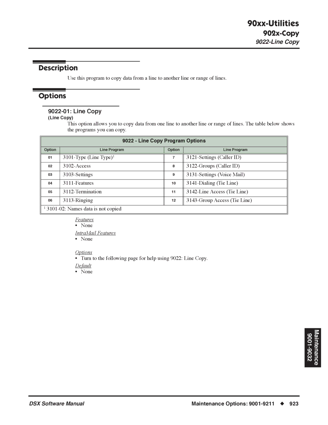 NEC N 1093100 software manual Line Copy Program Options 