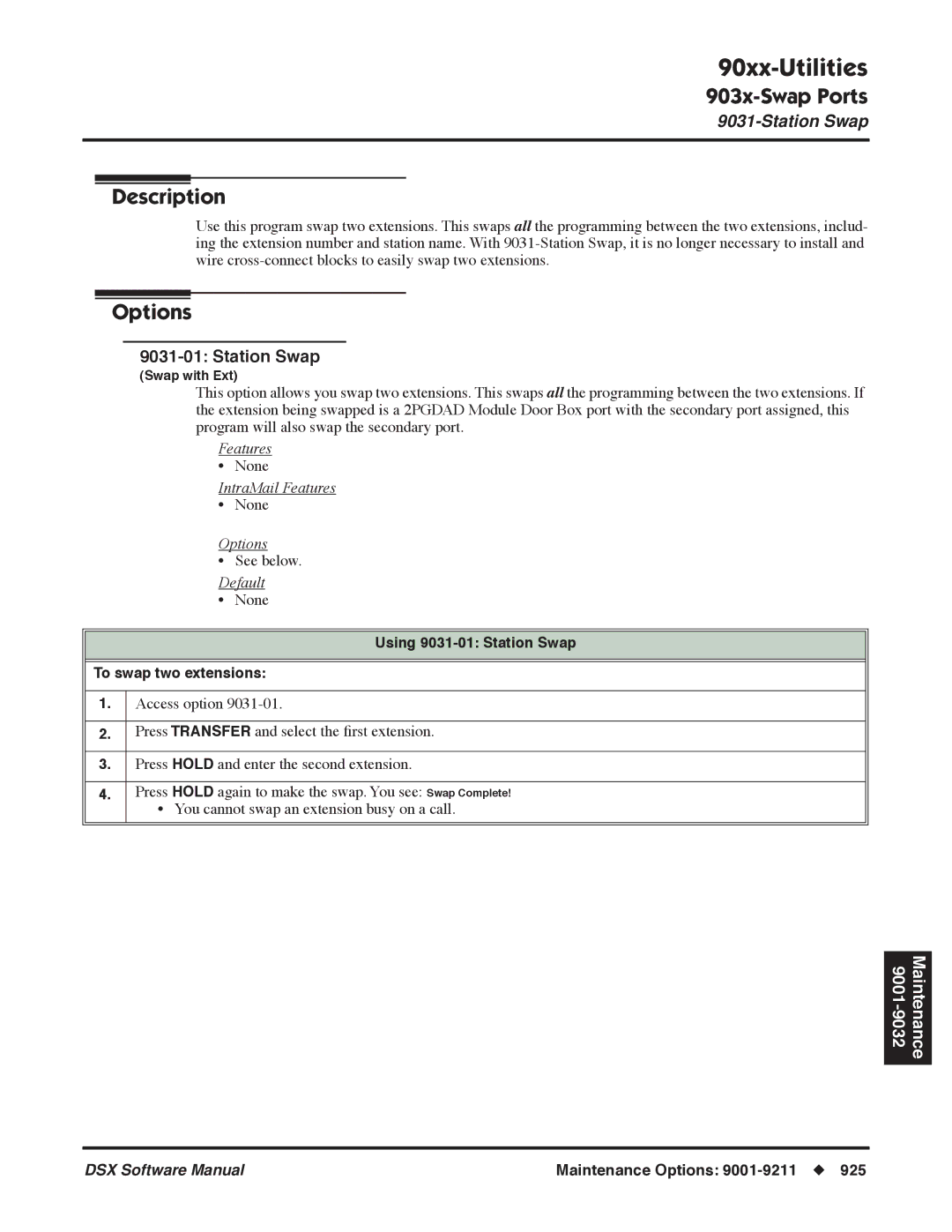 NEC P, N 1093100 software manual Using 9031-01 Station Swap To swap two extensions 