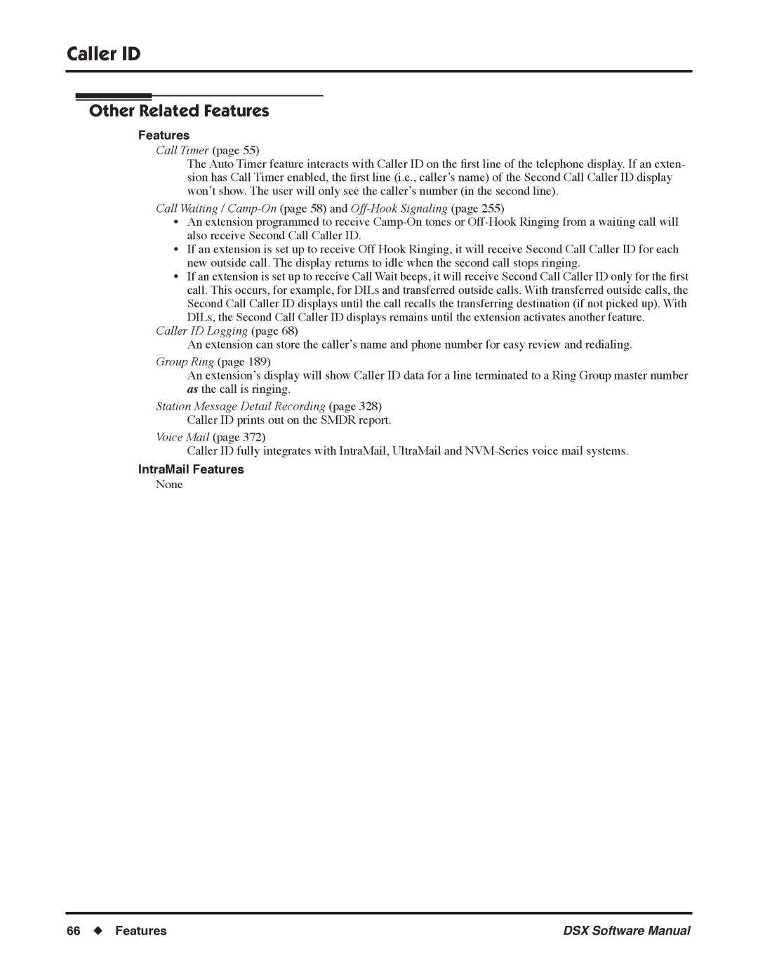 NEC N 1093100, P software manual Call Timer, Call Waiting / Camp-Onpage 58 and Off-Hook Signaling, Caller ID Logging 