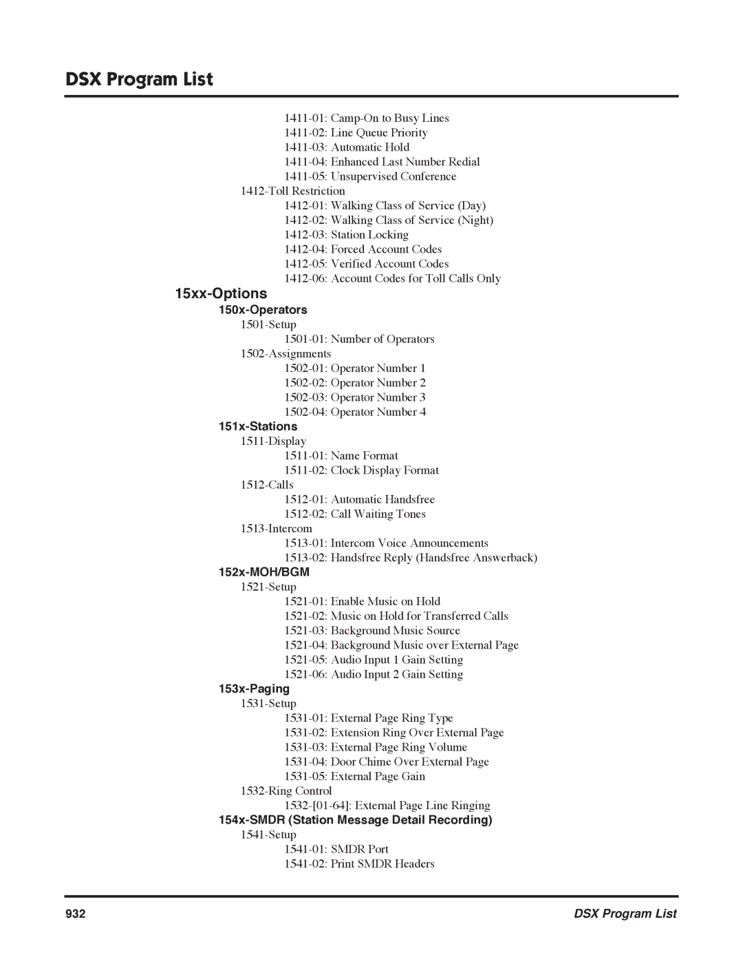 NEC N 1093100 150x-Operators, 151x-Stations, 152x-MOH/BGM, 153x-Paging, 154x-SMDR Station Message Detail Recording, 932 