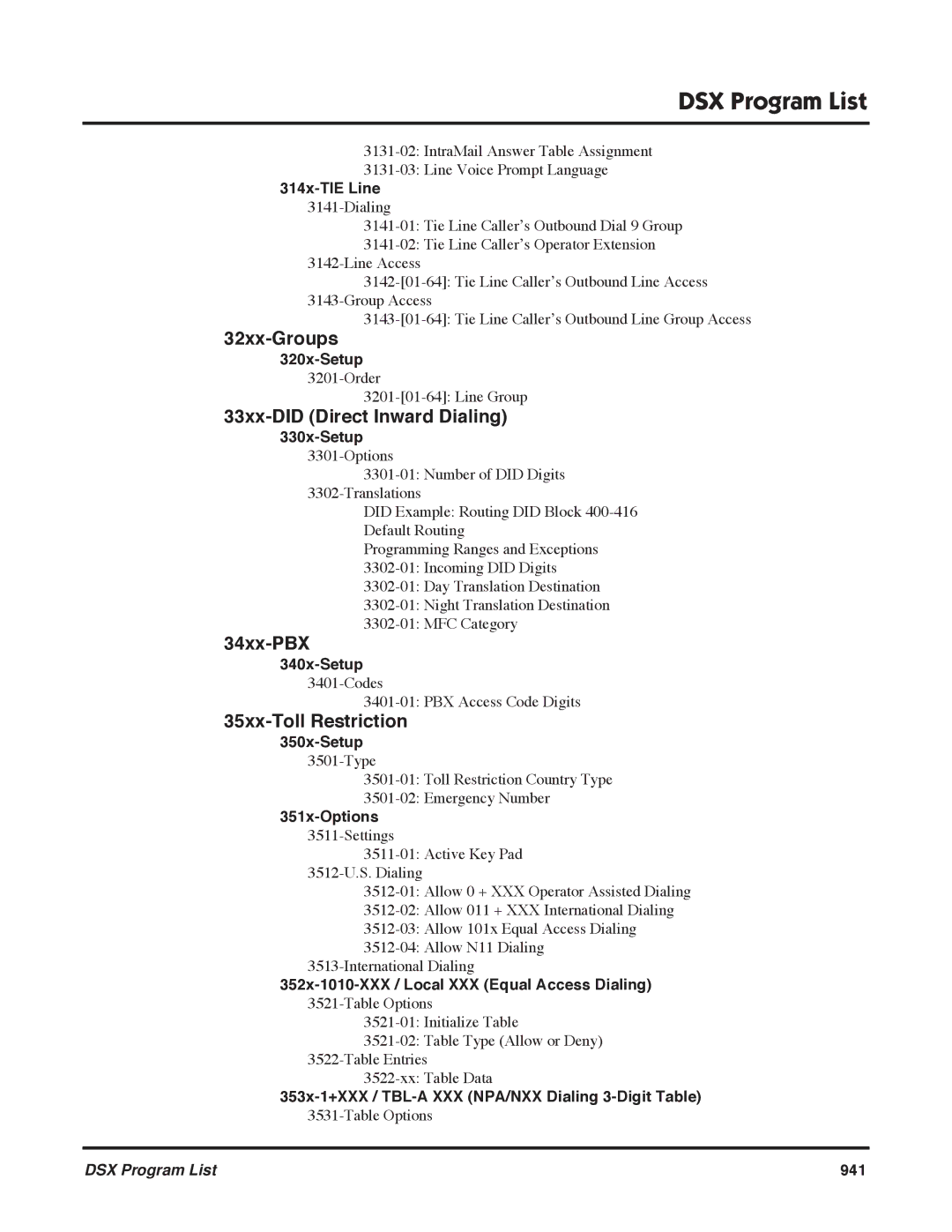 NEC P, N 1093100 software manual 314x-TIE Line, 320x-Setup, 330x-Setup, 340x-Setup, 350x-Setup, 351x-Options 