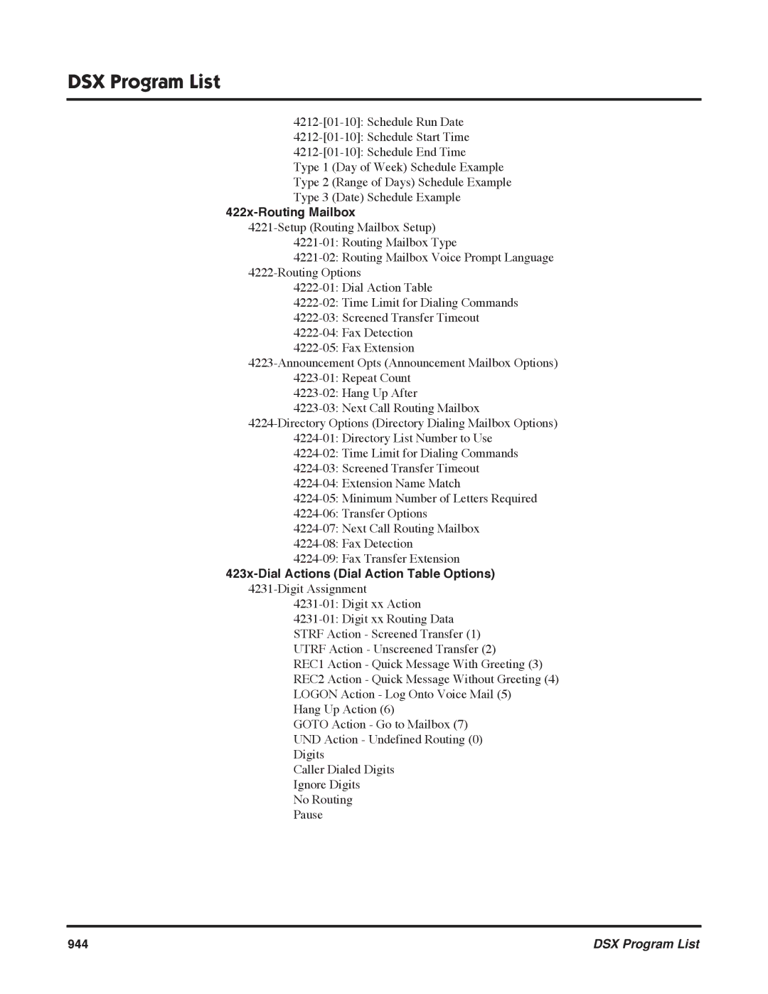 NEC N 1093100, P software manual 422x-Routing Mailbox, 423x-Dial Actions Dial Action Table Options, 944 