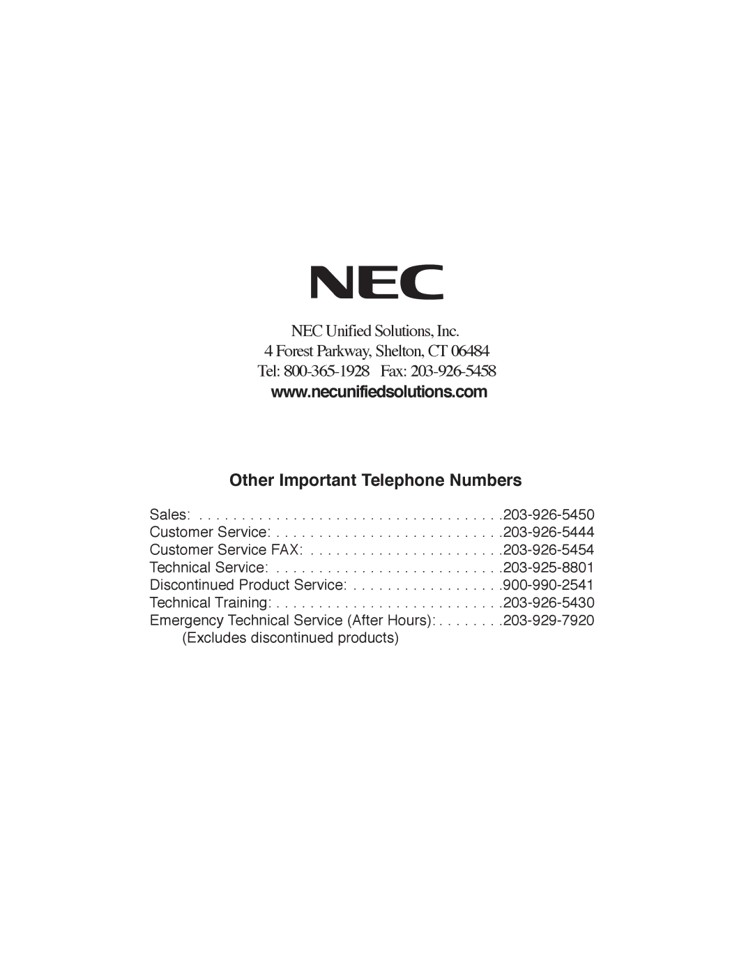 NEC P, N 1093100 software manual Other Important Telephone Numbers 