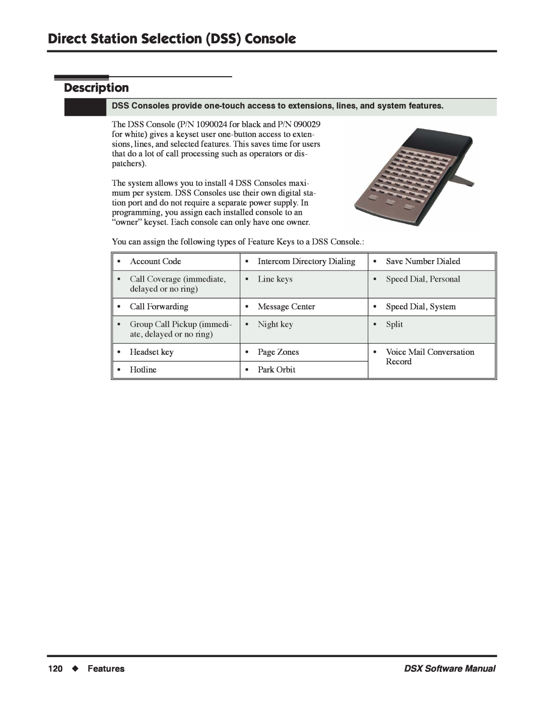 NEC N 1093100, P software manual Direct Station Selection DSS Console, Description, Features, DSX Software Manual 