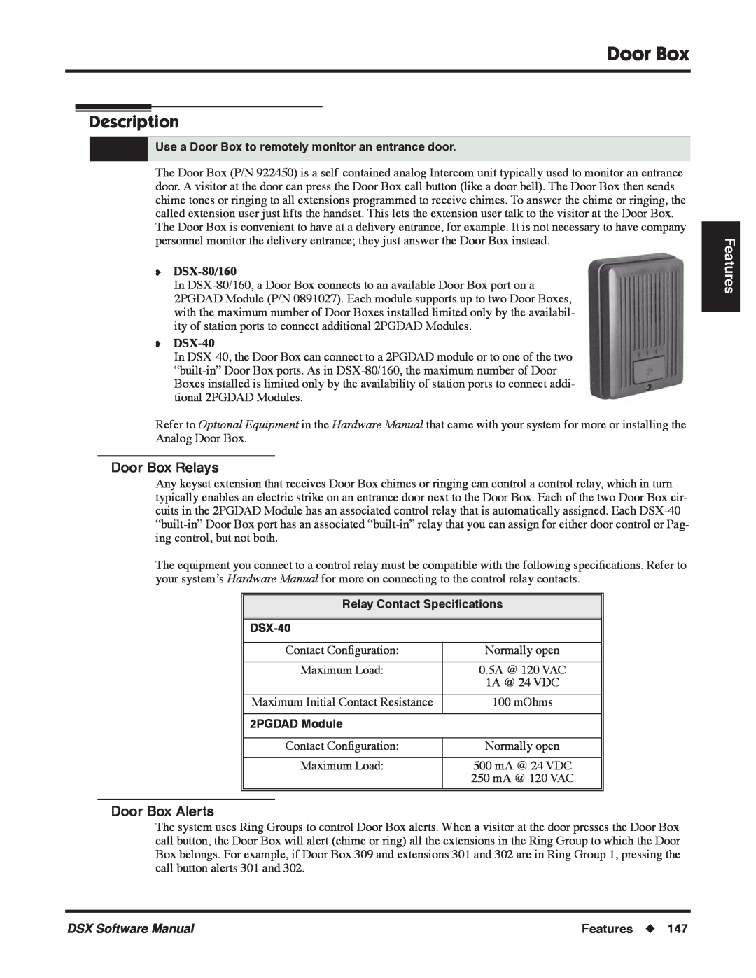 NEC P Description, Door Box Relays, Door Box Alerts, Features, DSX-80/160, Relay Contact Speciﬁcations DSX-40 