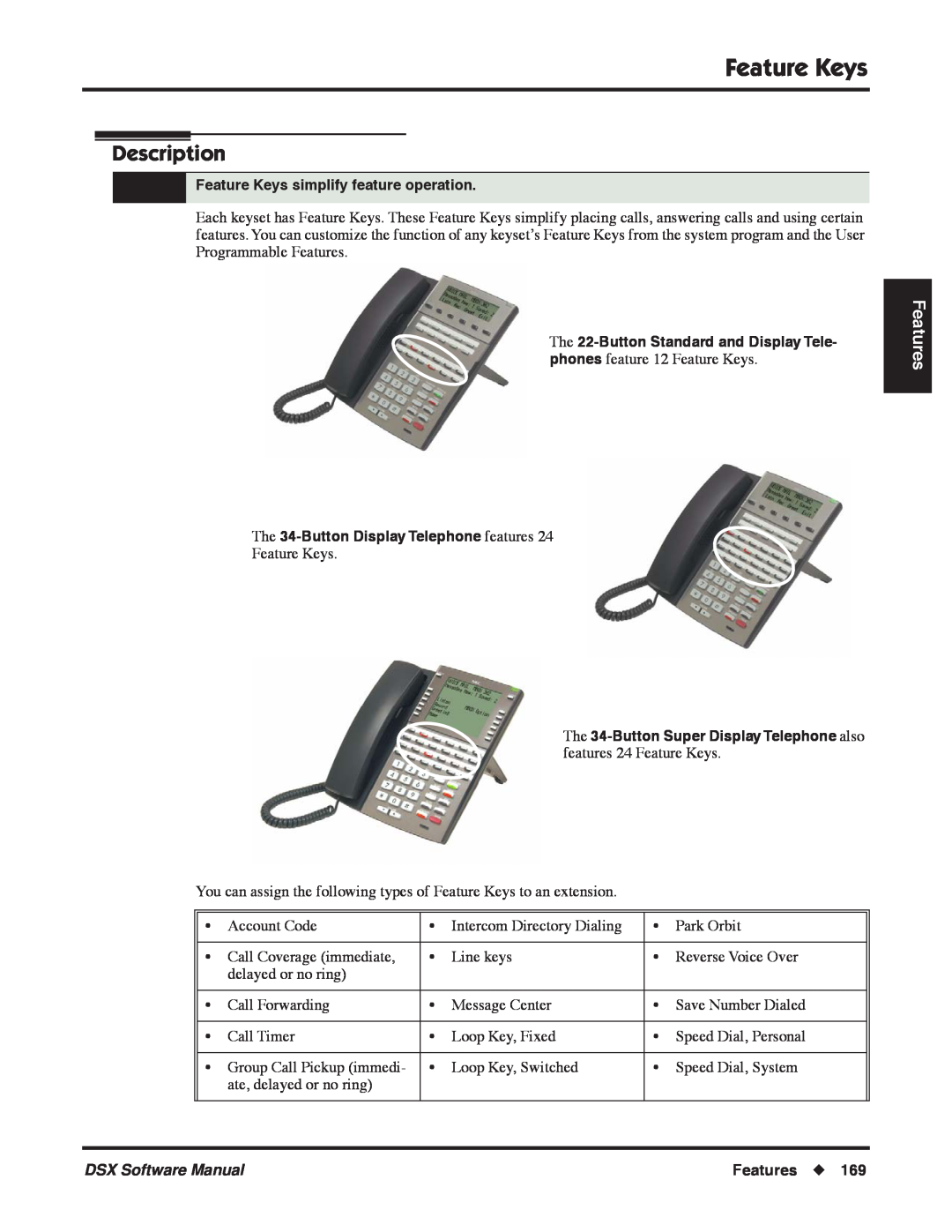 NEC P Description, Features, Feature Keys simplify feature operation, The 34-ButtonDisplay Telephone features 