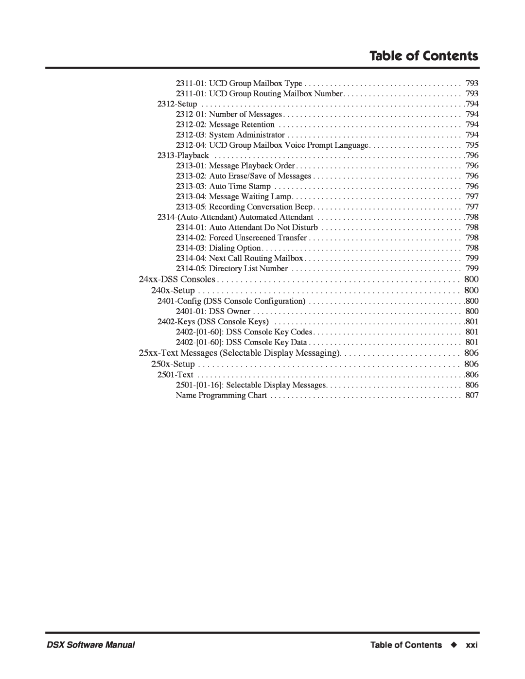 NEC P, N 1093100 software manual Table of Contents, UCD Group Mailbox Type, DSX Software Manual 