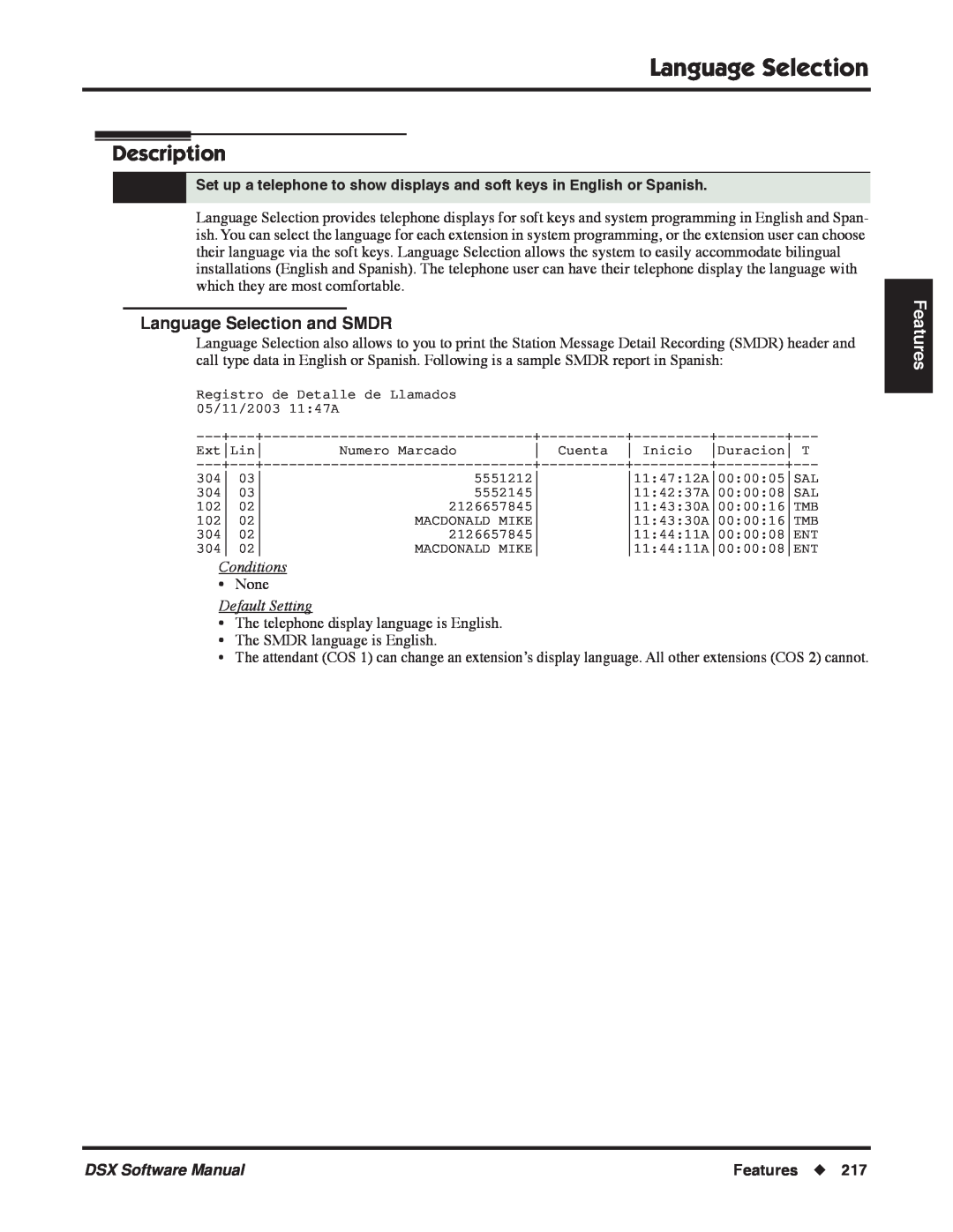 NEC P, N 1093100 Description, Language Selection and SMDR, Features, Conditions, Default Setting, DSX Software Manual 
