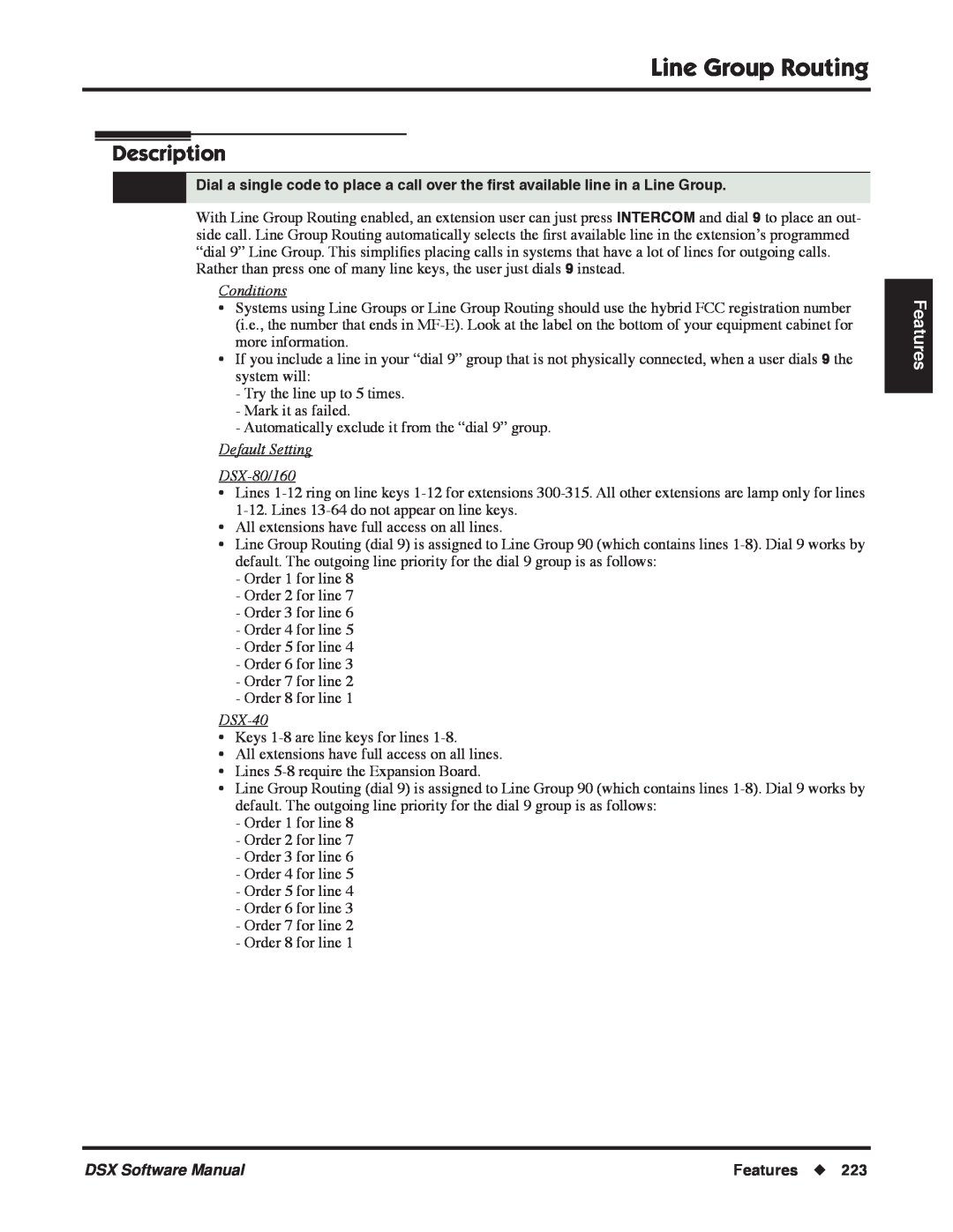 NEC P Line Group Routing, Description, Features, Conditions, Default Setting DSX-80/160, DSX-40, DSX Software Manual 
