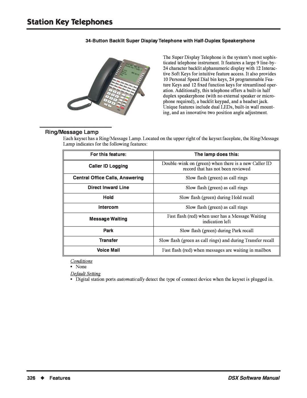 NEC N 1093100 Station Key Telephones, Ring/Message Lamp, For this feature, The lamp does this, Conditions, Default Setting 
