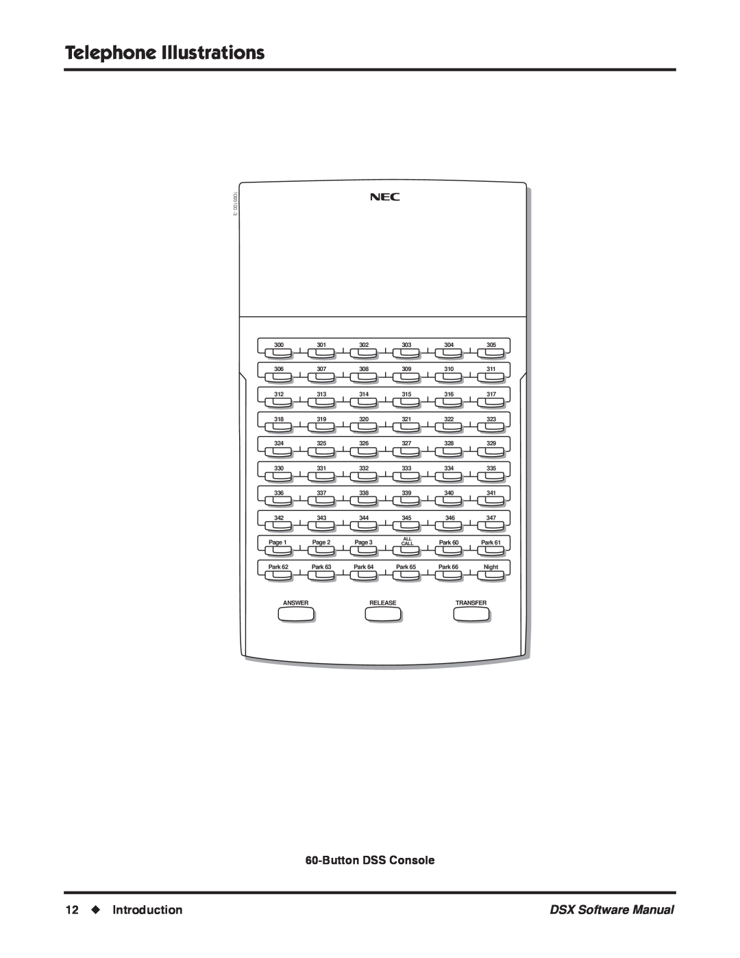 NEC N 1093100 Telephone Illustrations, ButtonDSS Console, Introduction, DSX Software Manual, Page, Park, Answer, Transfer 