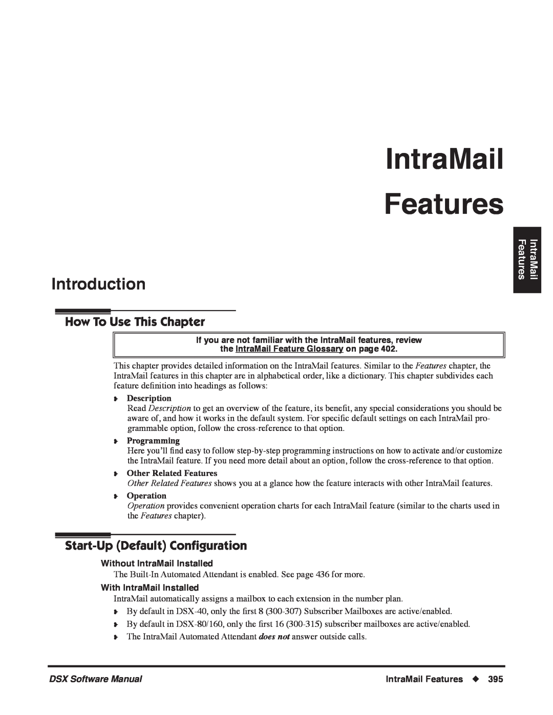 NEC IntraMail Features, Start-UpDefault Conﬁguration, Introduction, How To Use This Chapter, Description, Programming 