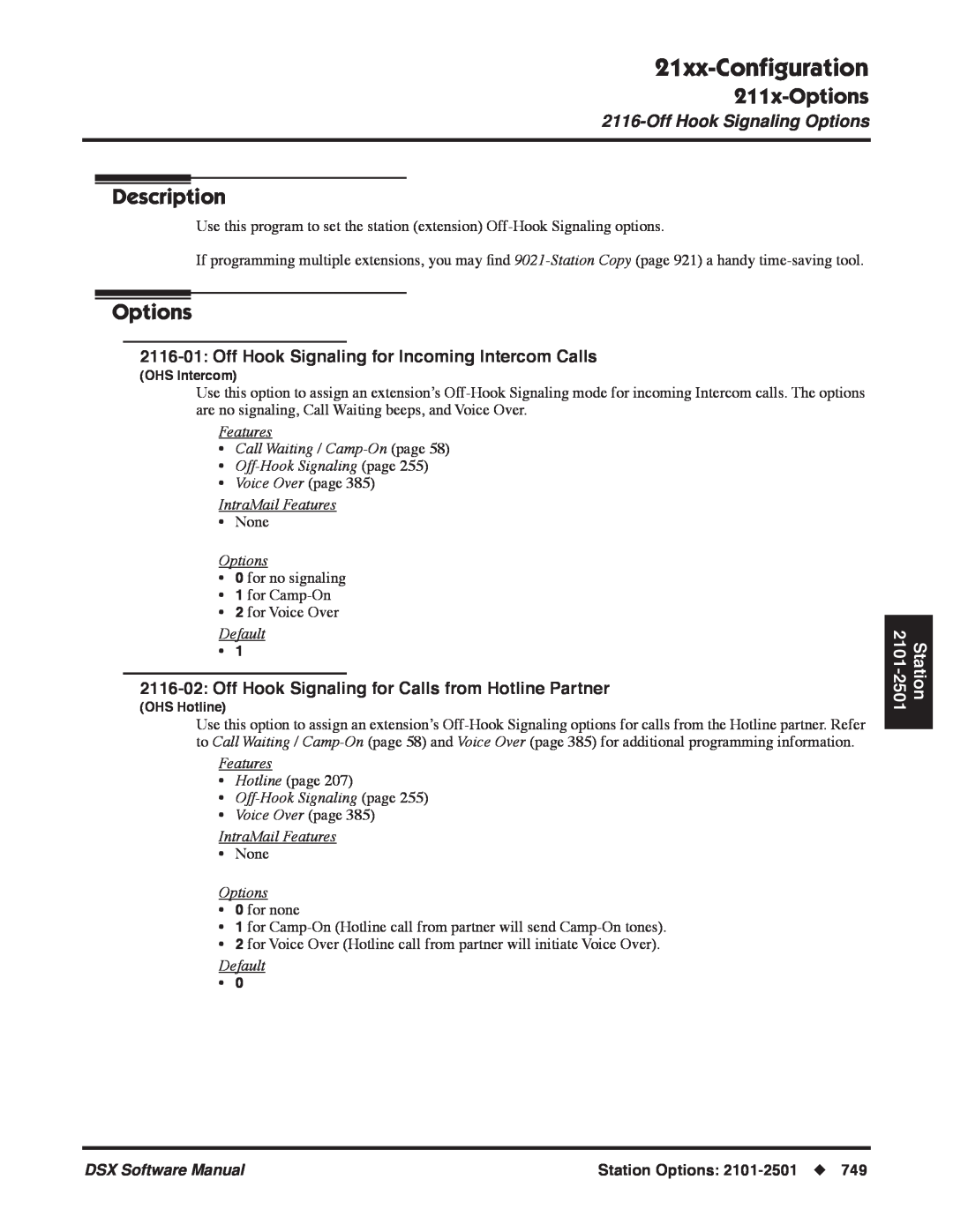 NEC P, N 1093100 software manual 21xx-Conﬁguration, 211x-Options, Description, OffHook Signaling Options, Station 