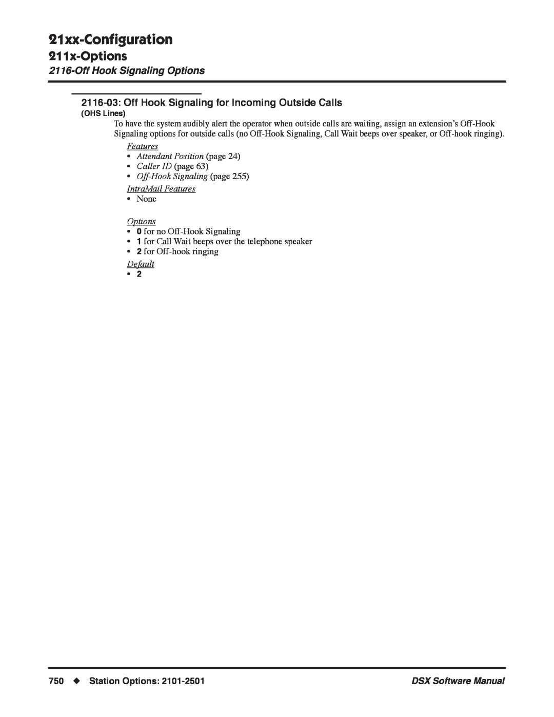NEC N 1093100, P 21xx-Conﬁguration, 211x-Options, OffHook Signaling Options, •Off-HookSignaling page IntraMail Features 