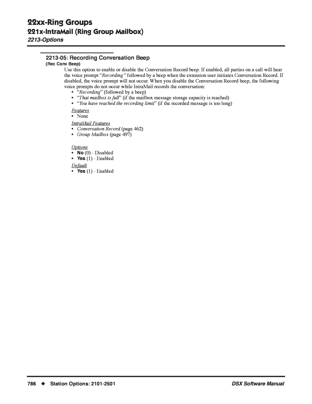 NEC N 1093100, P 22xx-RingGroups, 221x-IntraMailRing Group Mailbox, Options, 2213-05:Recording Conversation Beep, Features 