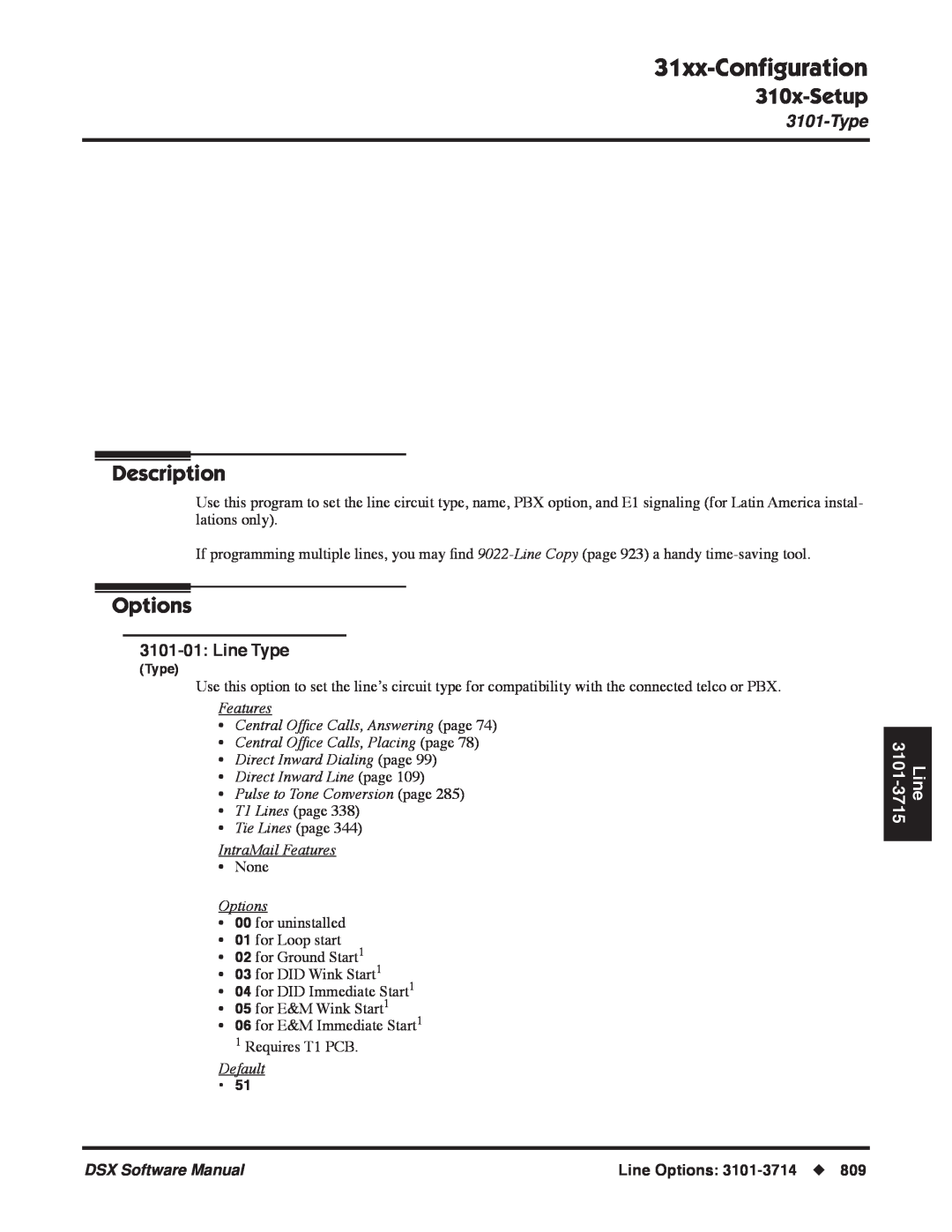 NEC P Lines, 31xx-Conﬁguration, 310x-Setup, Description, Options, 3101-01:Line Type, Direct Inward Dialing page 