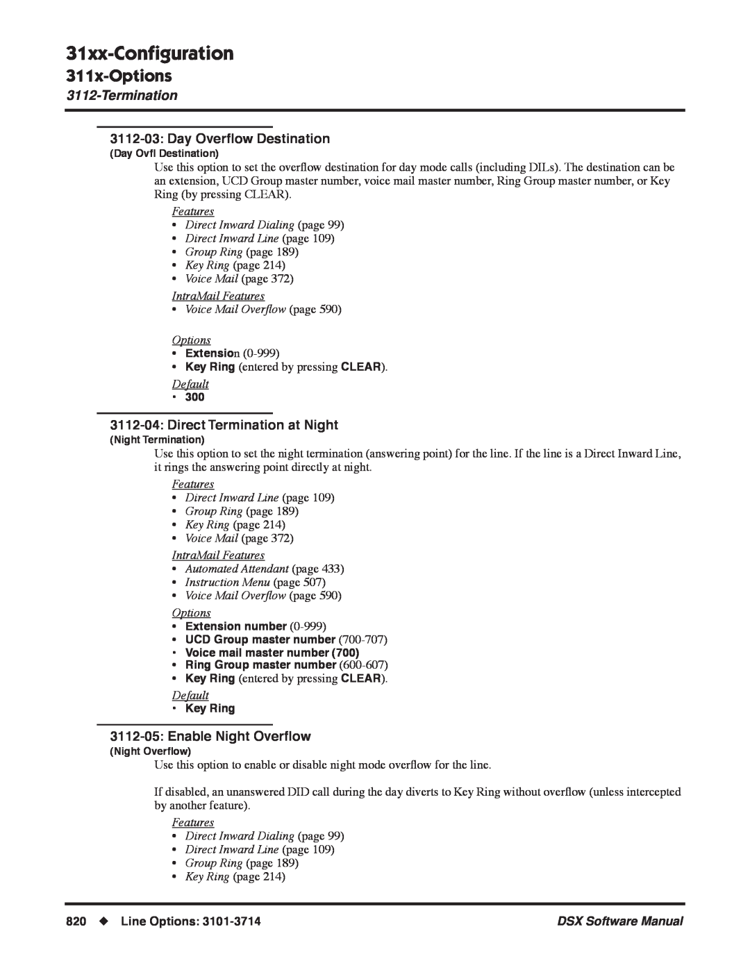 NEC N 1093100 31xx-Conﬁguration, 311x-Options, 3112-03:Day Overﬂow Destination, Direct Termination at Night, Default 