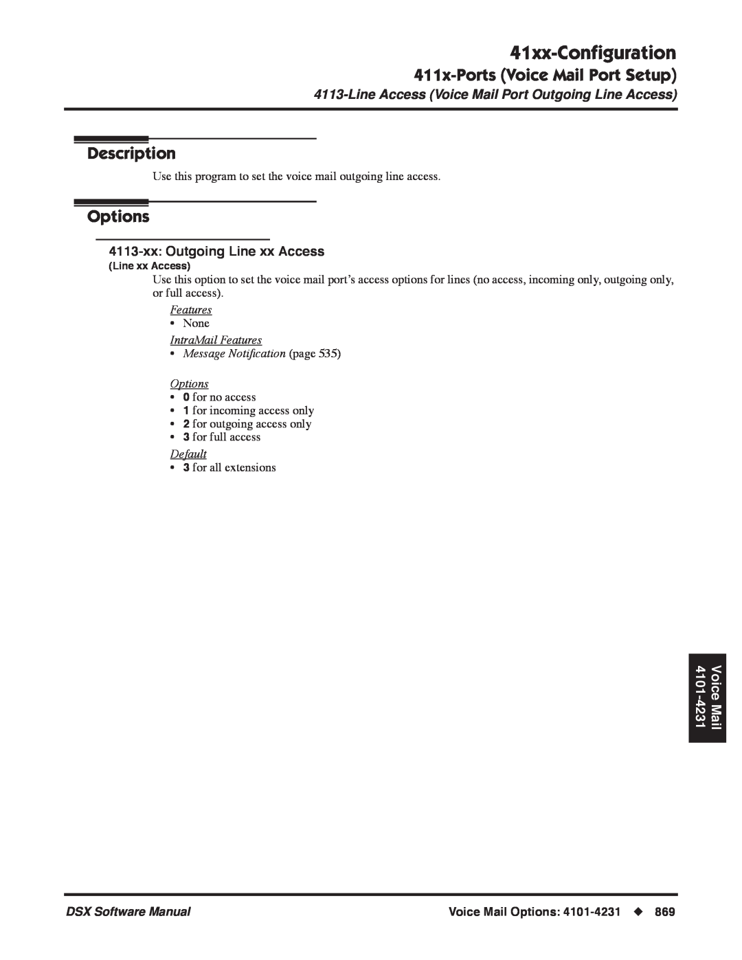 NEC 41xx-Conﬁguration, 411x-PortsVoice Mail Port Setup, Description, Options, 4113-xx:Outgoing Line xx Access, Features 