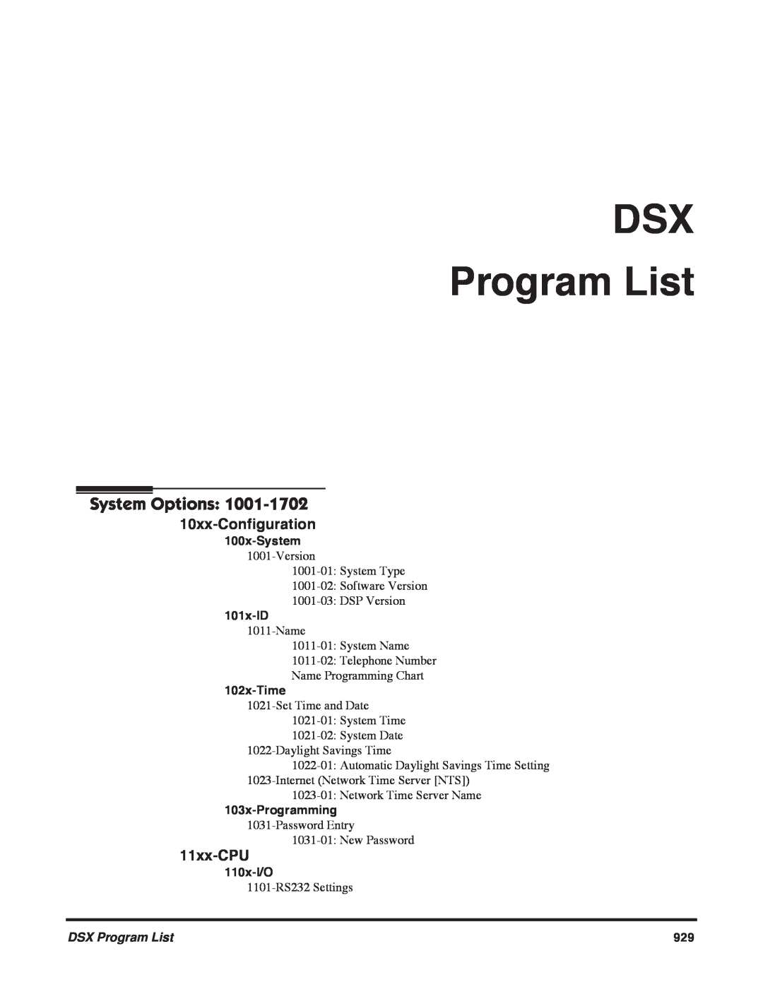 NEC DSX Program List, System Options, 10xx-Configuration, 11xx-CPU, 100x-System, 101x-ID, 102x-Time, 103x-Programming 